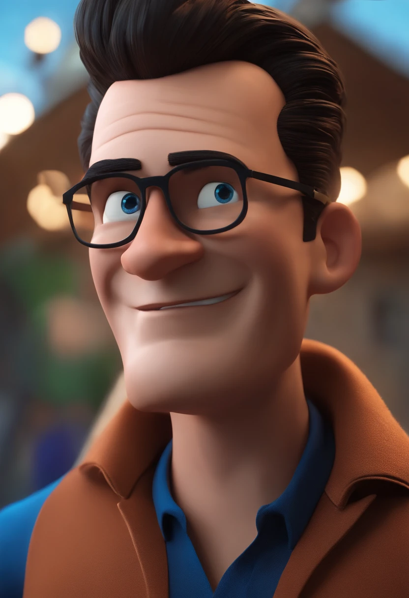 Cartoon character of a man with black glasses, cabelo cacheado marrom escuro e uma camisa azul, animation character, Caractere estilizado, animation style rendering, 3D estilizado, Arnold Maya render, 3 d render stylized, toon render keyshot, Personagem 3D, Personagem 3D, 3d rendering stylized, 3 d character render, personagem de desenho animado, Personagem de close up, Pose de personagem, (Estilo Pixar) (master part:1.2) (Bokeh) (best quality) (pele detalhada) (textura detalhada) (8k) (argila) (Cinematic lighting) (foco nítido