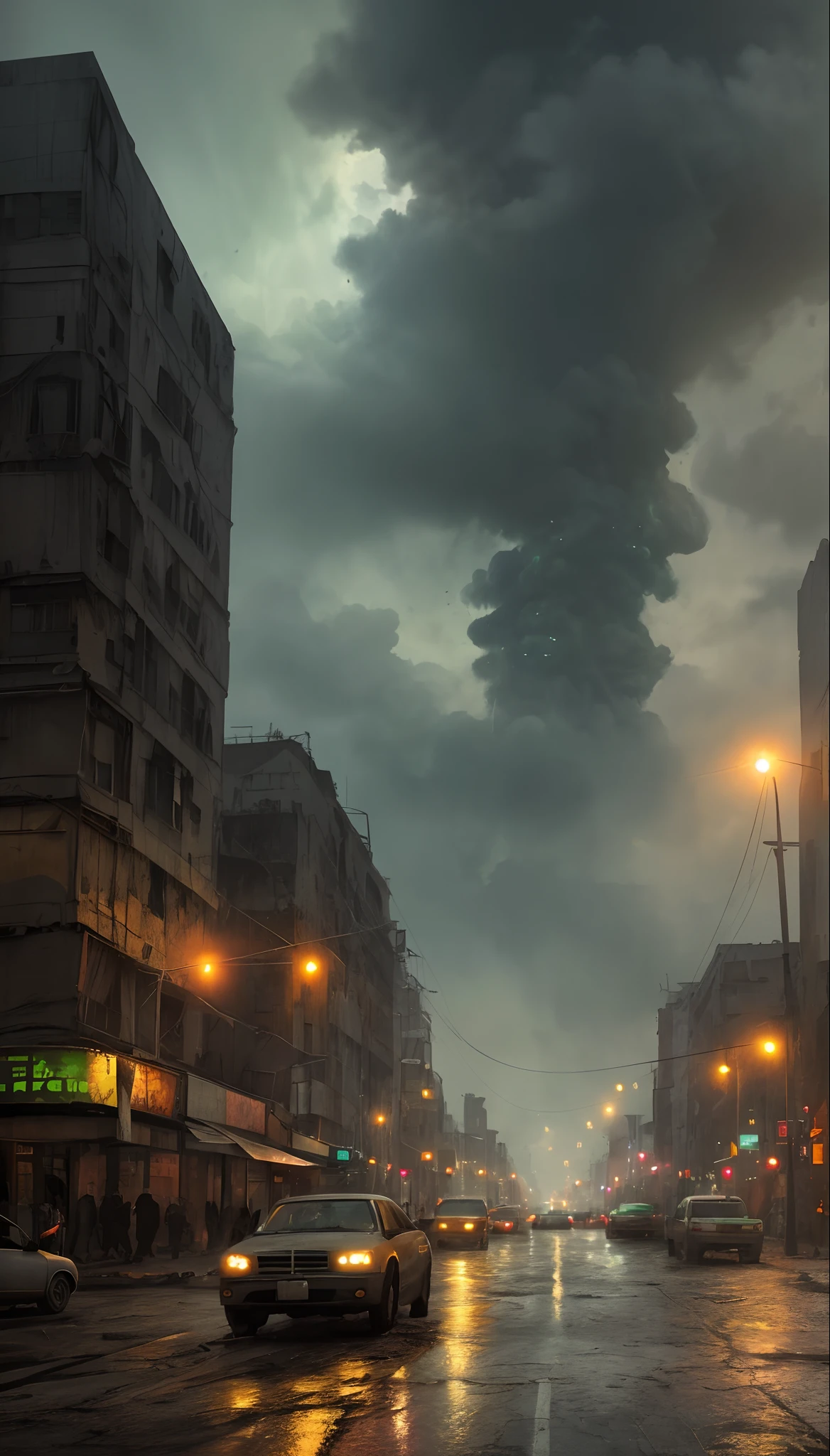 War torn city, city from a corner, acid rain, thick gases due to nuclear weapons, half destroyed buildings, no electricity, half fallen electric poles and traffic lights, thunders and lightening, chromatic aberration, small details, oil painting, soft lighting, green shade, ultra HD, cinematic, realistic
