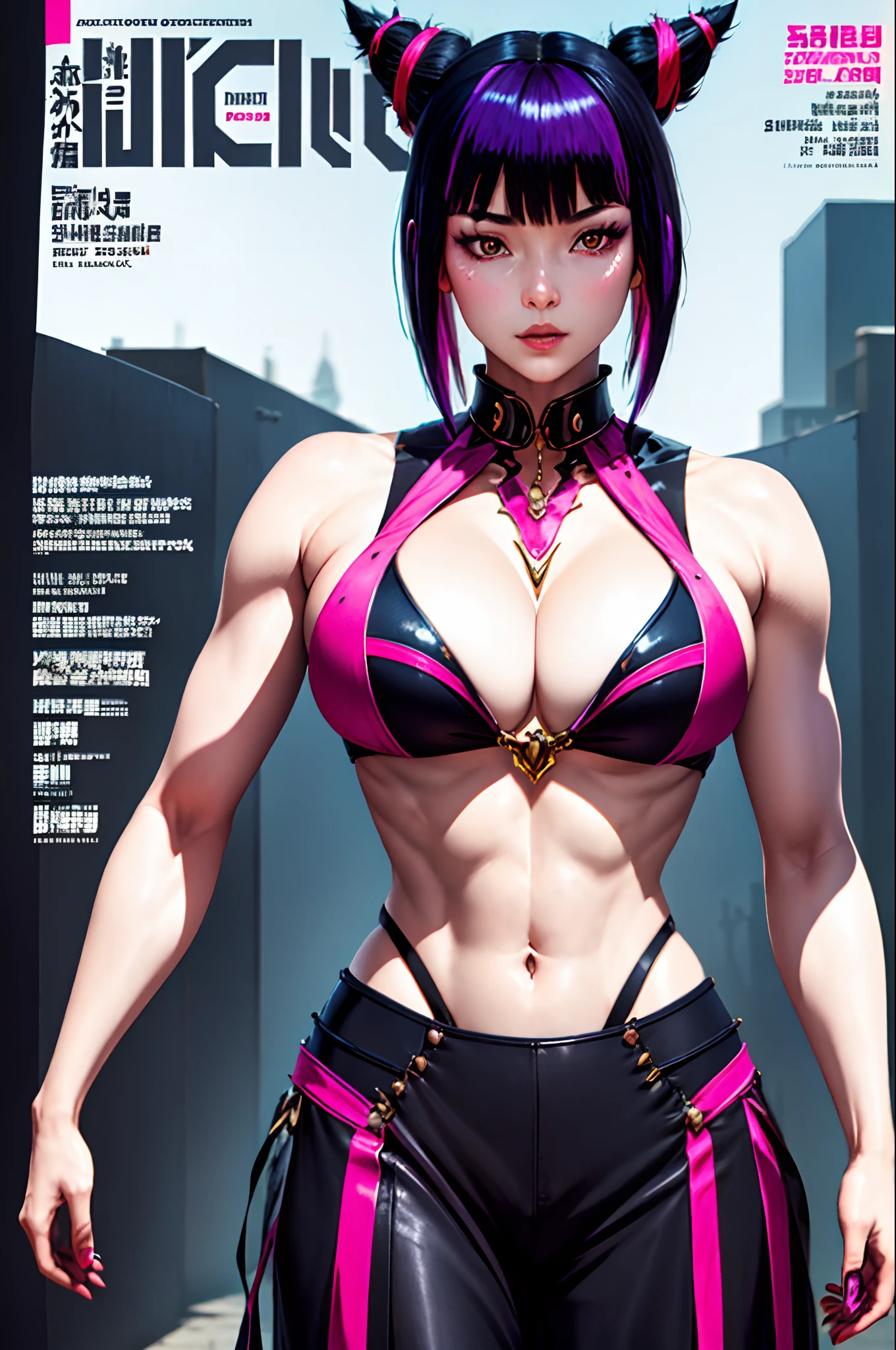 Masterpiece, Magazine cover, Superb Style, Summer Dress, Colored Hair, Outdoor, Magazine Cover, Upper Body, big breast, ((han juri)) juri of street fighter, juri han, asymmetrical hair, black hair, diagonal bangs, hair horns, medium hair, multicolored hair, (purple eyes:1.1), pink hair, two-tone hair, black collar, chinese clothes, collar, crop top, navel, spiked collar, spikes, pants, baggy pants,