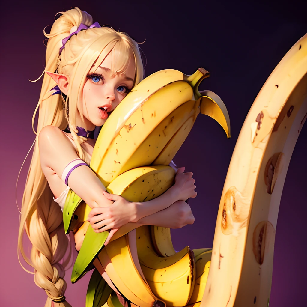(Banana Girl:1.3), hugging a giant banana, violet eyes, blonde woman, hairlong, braided ponytail, pointed ears, mouth open.