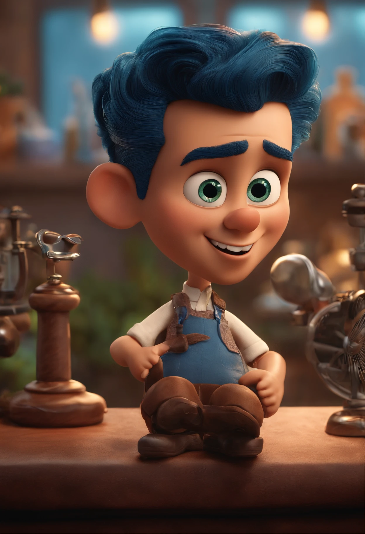 A Dream Barber Inspired by Pixar Animation, de perto. The character takes center stage with captivating facial expressions, oferecendo um toque de irrealidade, Cabelo curto e gordinho gradiente