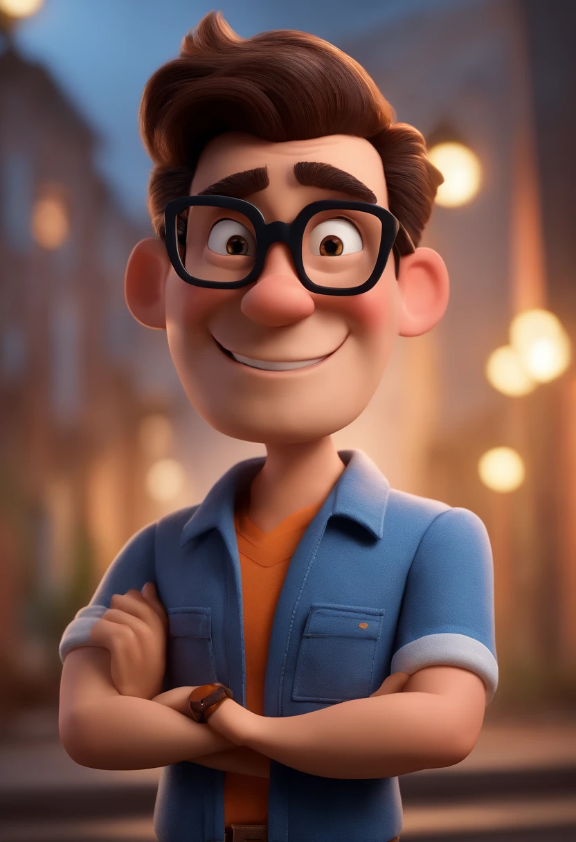 Cartoon character of a man with black glasses and a blue shirt, animation character, Caractere estilizado, animation style rendering, 3D estilizado, Arnold Maya render, 3 d render stylized, toon render keyshot, Personagem 3D, Personagem 3D, 3d rendering stylized, 3 d character render, personagem de desenho animado, Personagem de close up, Pose de personagem, (Estilo Pixar) (master part:1.2) (Bokeh) (best quality) (pele detalhada) (textura detalhada) (8k) (argila) (Cinematic lighting) (foco nítido