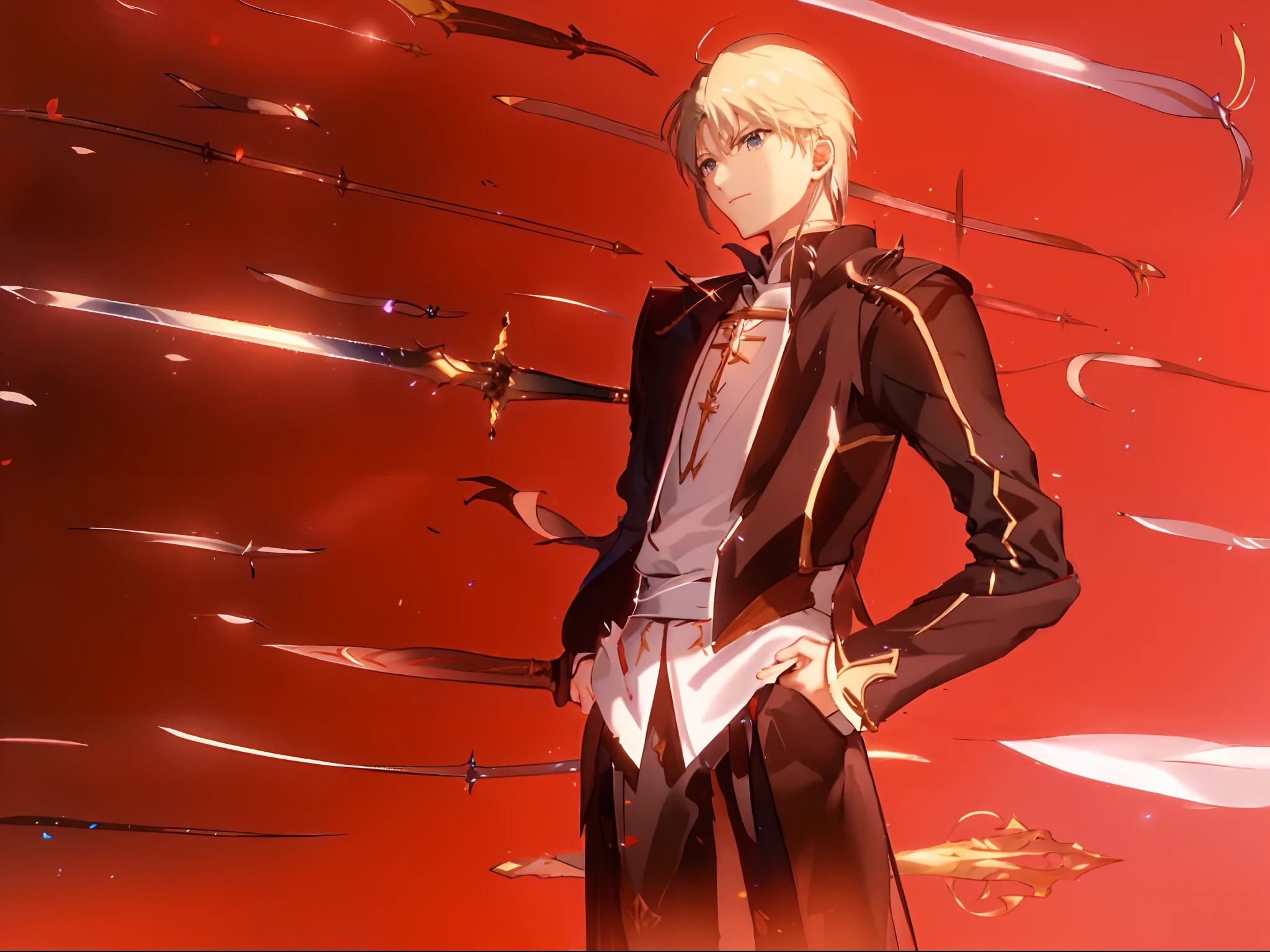 The background is a vortex of light。Anime man in suit standing in front of a wall of swords, Fate / Stay Night, fate stay night, unlimited blade works, anime fencer, Fate/Staynight, fate zero, anime style like fate/Stay Night, tsubasa chronicles, sougo okita, claymore anime background, ufotable, Key Anime Art, gilgamesh