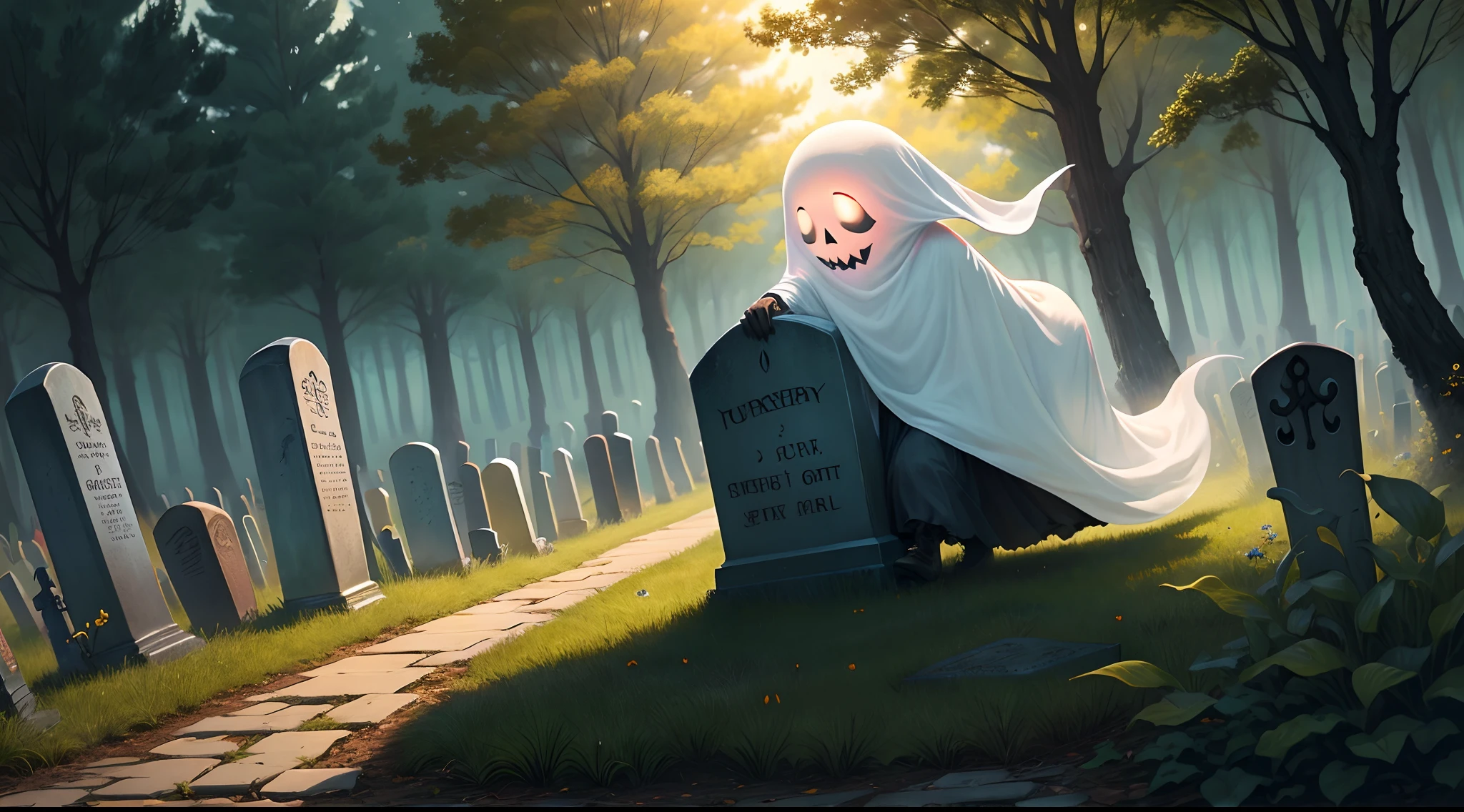 A ghost carrying a tombstone