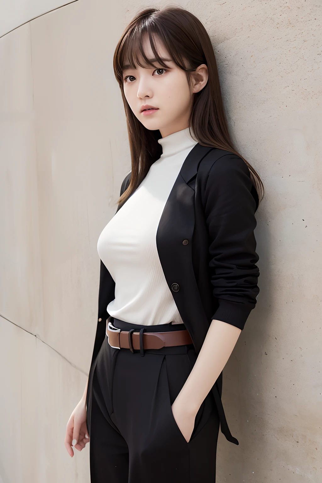 masterpiece、flat-colors、depth of fields、lens flare 1 girl、、Brown hair、watching at viewers a belt black suspenders large full breasts Armpit sweat perspiring Side of both hands walls: Black pants, Black jacket holster arm Leg holster arma Gaze Small face Bangs Upper Eyes flank