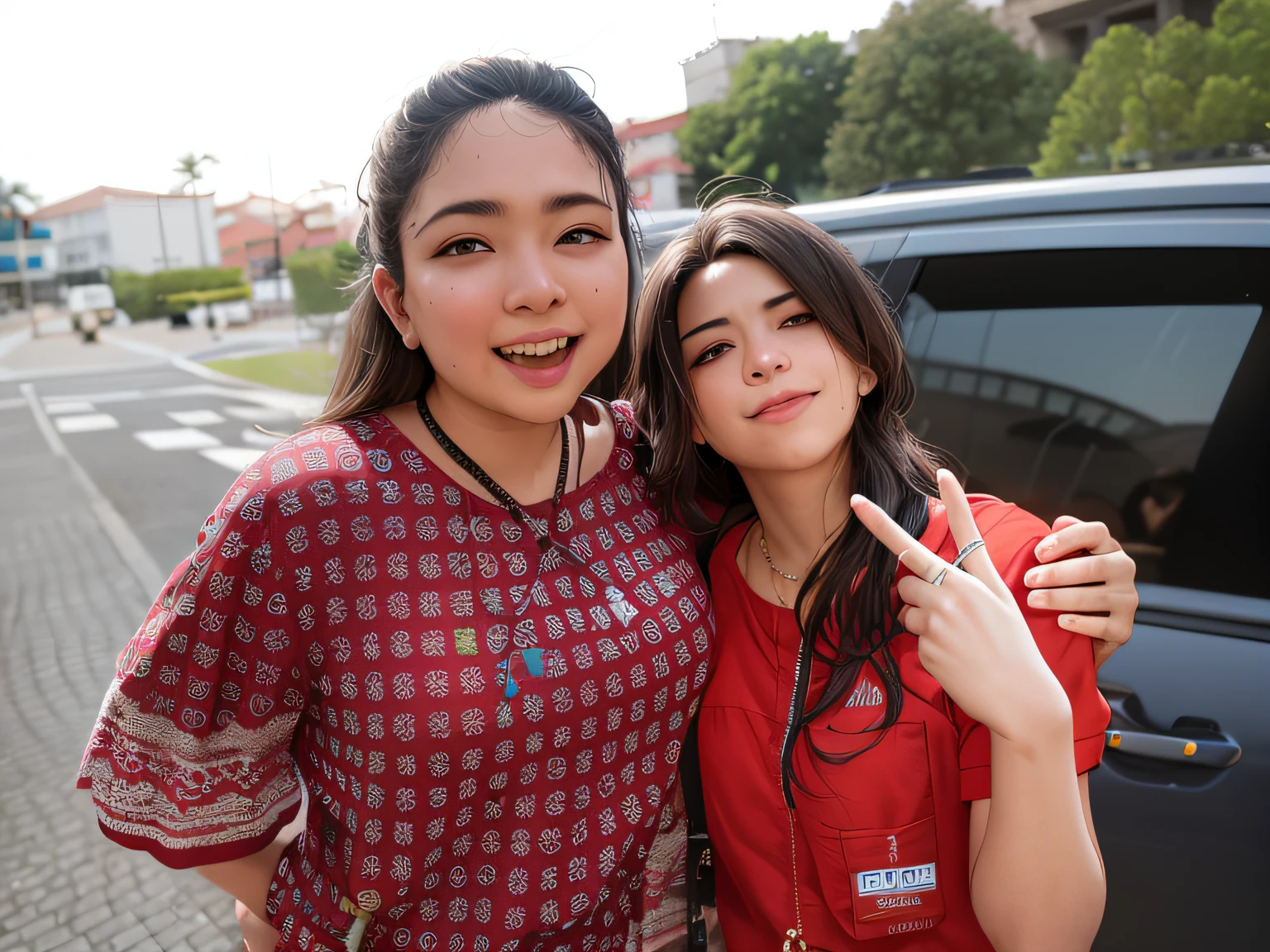 There are two women next to each other in front of a car, Duas s, both smiling for the camera, Alena Aenami e Lilia Alvarado, imagem de qualidade muito baixa, Rostos bonitos, Beautiful girls, Directed by: Nandor Soldier, meninans, Fotografia tirada em 2 0 2 0, estudante, Tomado com Sony Alpha 9