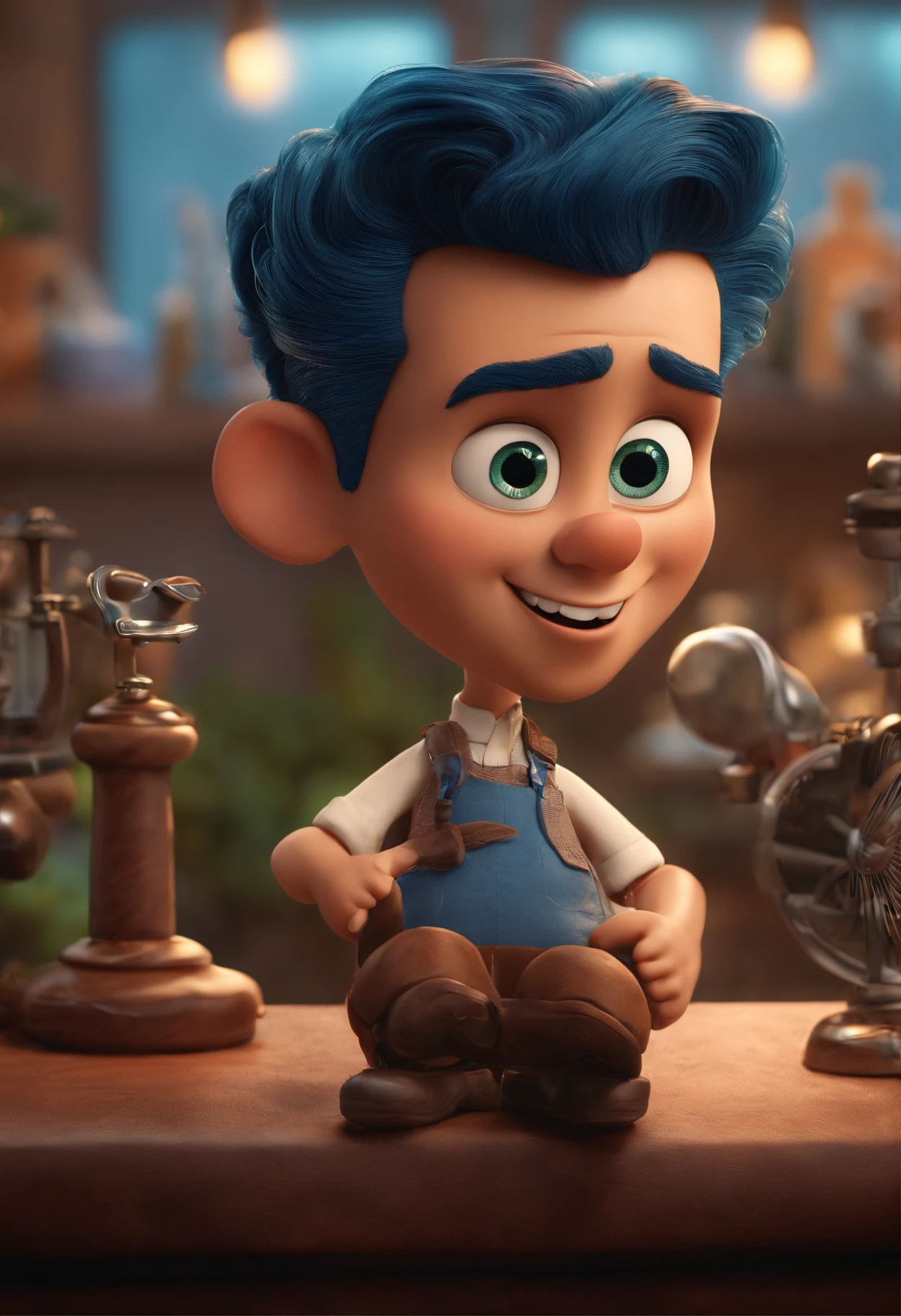 A Dream Barber Inspired by Pixar Animation, de perto. The character takes center stage with captivating facial expressions, oferecendo um toque de irrealidade, Cabelo curto e gordinho gradiente