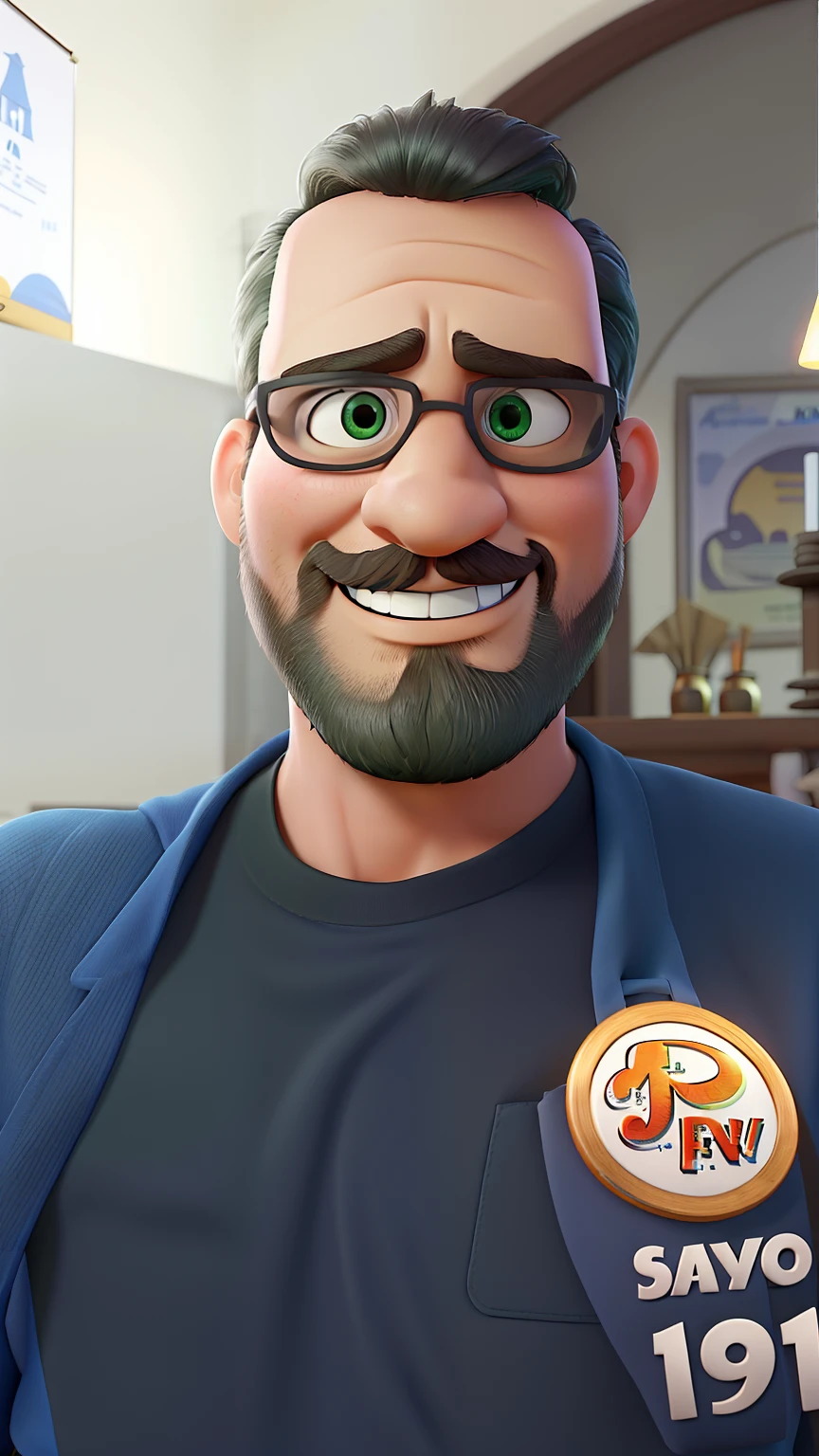 Poster no estilo Disney pixar, alta qualidade, melhor qualidade, homem sexy branco, 30 anos cabelo preto e barba preta, musculoso, with professional camera, Green eyes and glasses with background in a candlelight restaurant