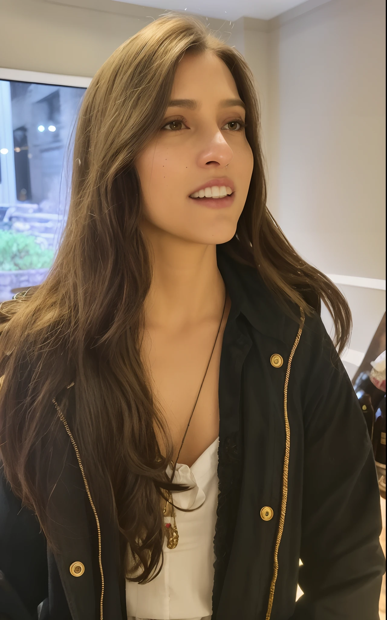 beautiful (EvelynNobodySD15) western RPG character brunette hair upsweep updo button shirt at a cantina sitting bar tequila liquor bottles, Lighting-Gold (dark moody ambience:1.2) (masterpiece:1.2) (photorealistic:1.2) (bokeh) (best quality) (detailed skin:1.2) (intricate details) (Clutter-Home) (8k) (HDR) (cinematic lighting) (sharp focus)