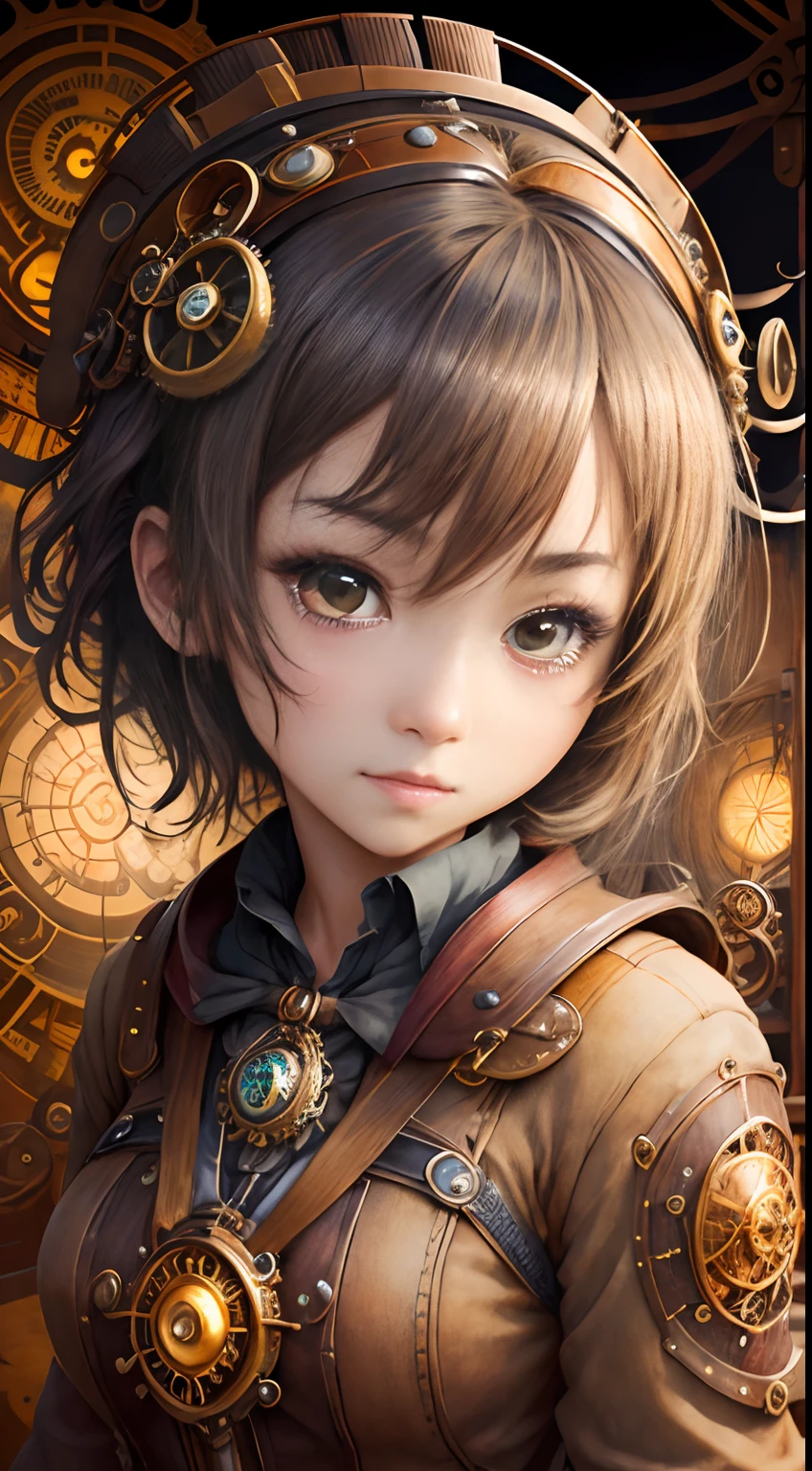 steampunkai。Beautiful。 (masutepiece:1.2)。(Best Quality:1.2)。Perfect face。((One Girl 1.5))。Japan schoolgirl in steampunk style。Ride through a steampunk-style wooden labyrinth passage。Sprint。Comical look of astonishment。