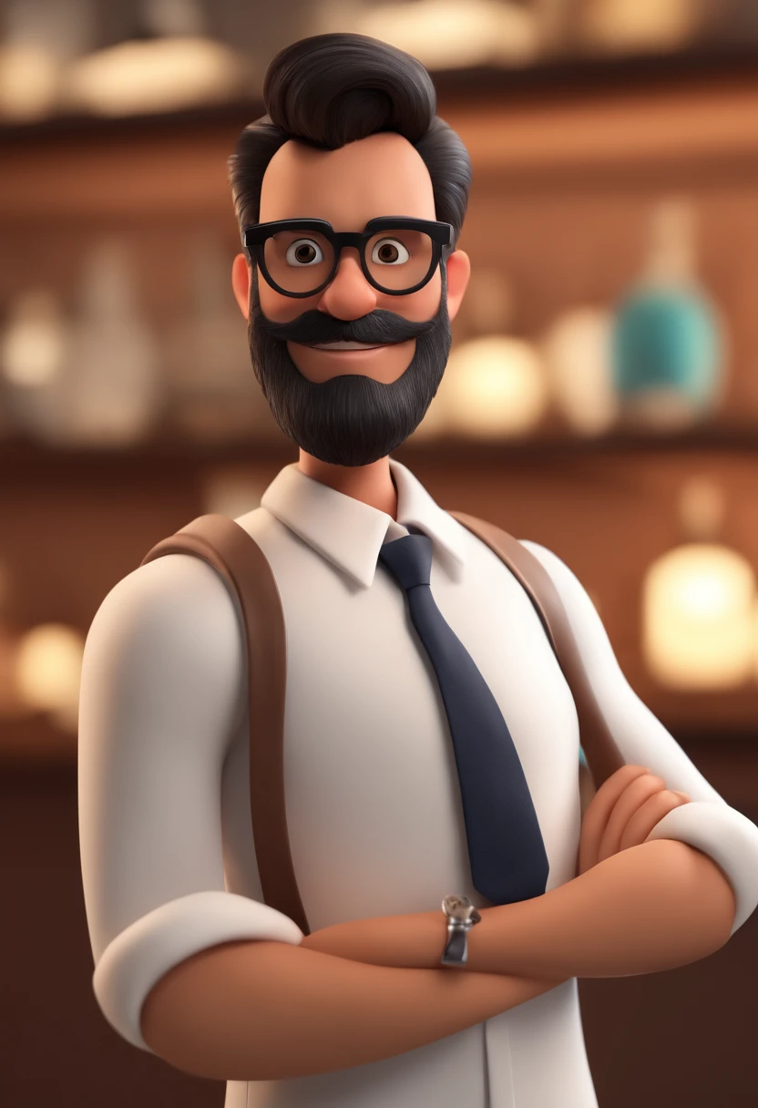 Disney pixar cartoon character style of a young politician wearing glasses and a white shirt with black beard and hair, terno e gravata, in Brasilia an animated character, Caractere estilizado, animation style rendering, 3D estilizado, Arnold Maya render, 3 d render stylized, toon render keyshot, Personagem 3D, Personagem 3D, 3d rendering stylized, 3 d character render, personagem de desenho animado, Personagem de close up, Pose de personagem,  (Estilo Pixar) (master part:1.2) (Bokeh) (best quality) (pele detalhada) (textura detalhada) (8k) (argila) (Cinematic lighting) (foco nítido