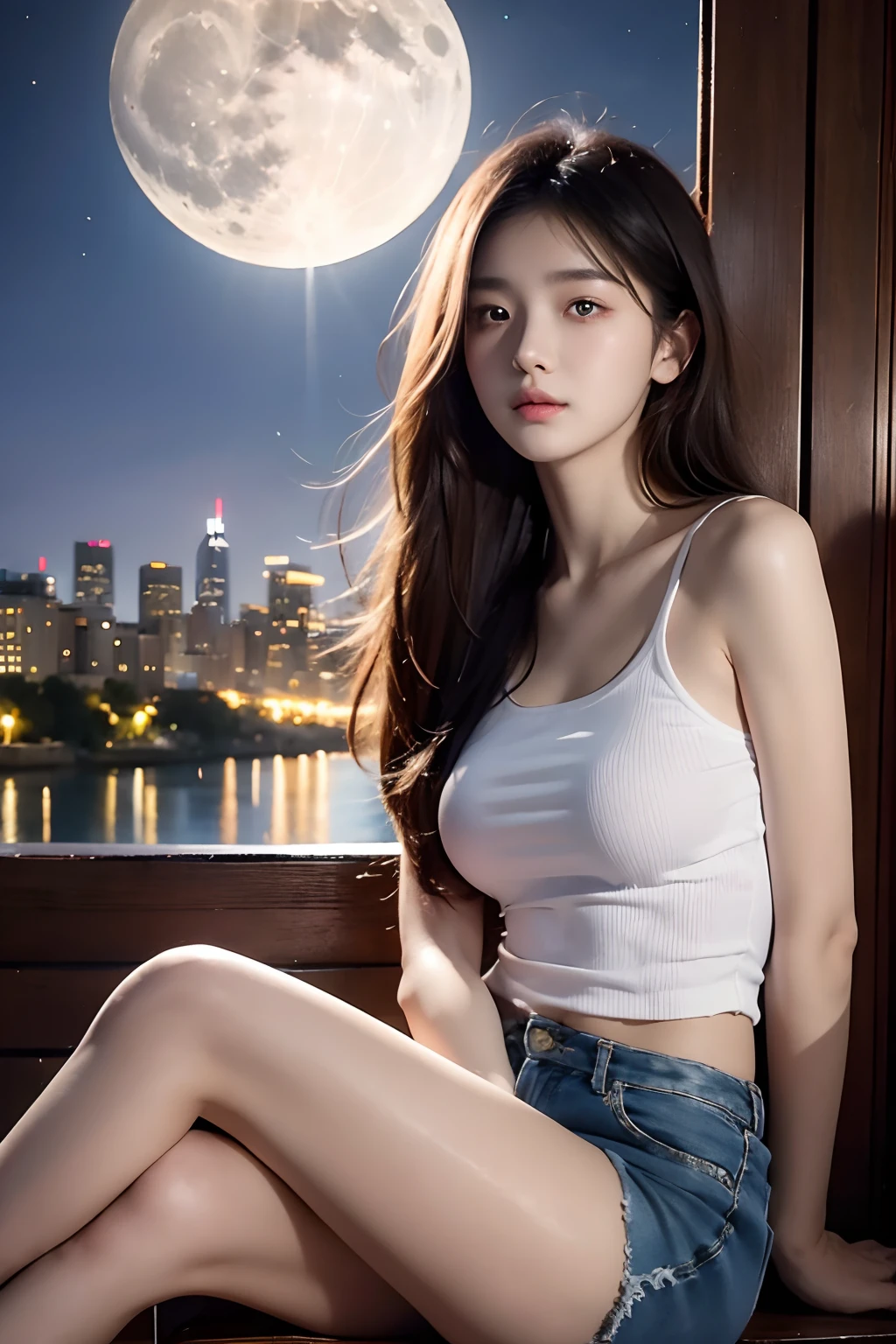 20 yr old girl, beautiful detailed eyes, full moon, sitting, dark background, moonlight, city, masterpiece, best quality, illustration,