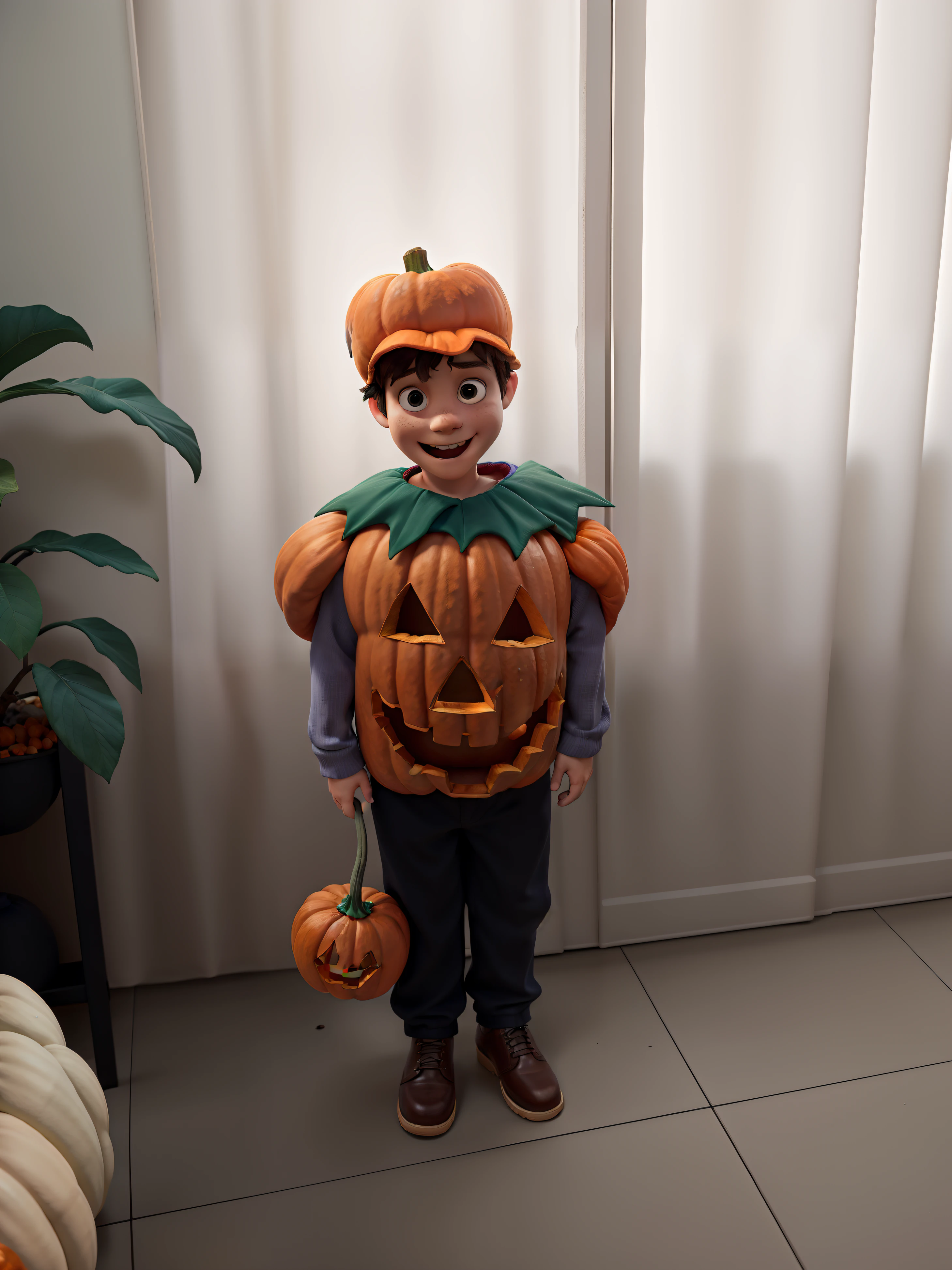 5 year old boy dressed as pumpkin for Halloween party, with a plastic pumpkin bucket in his right hand.