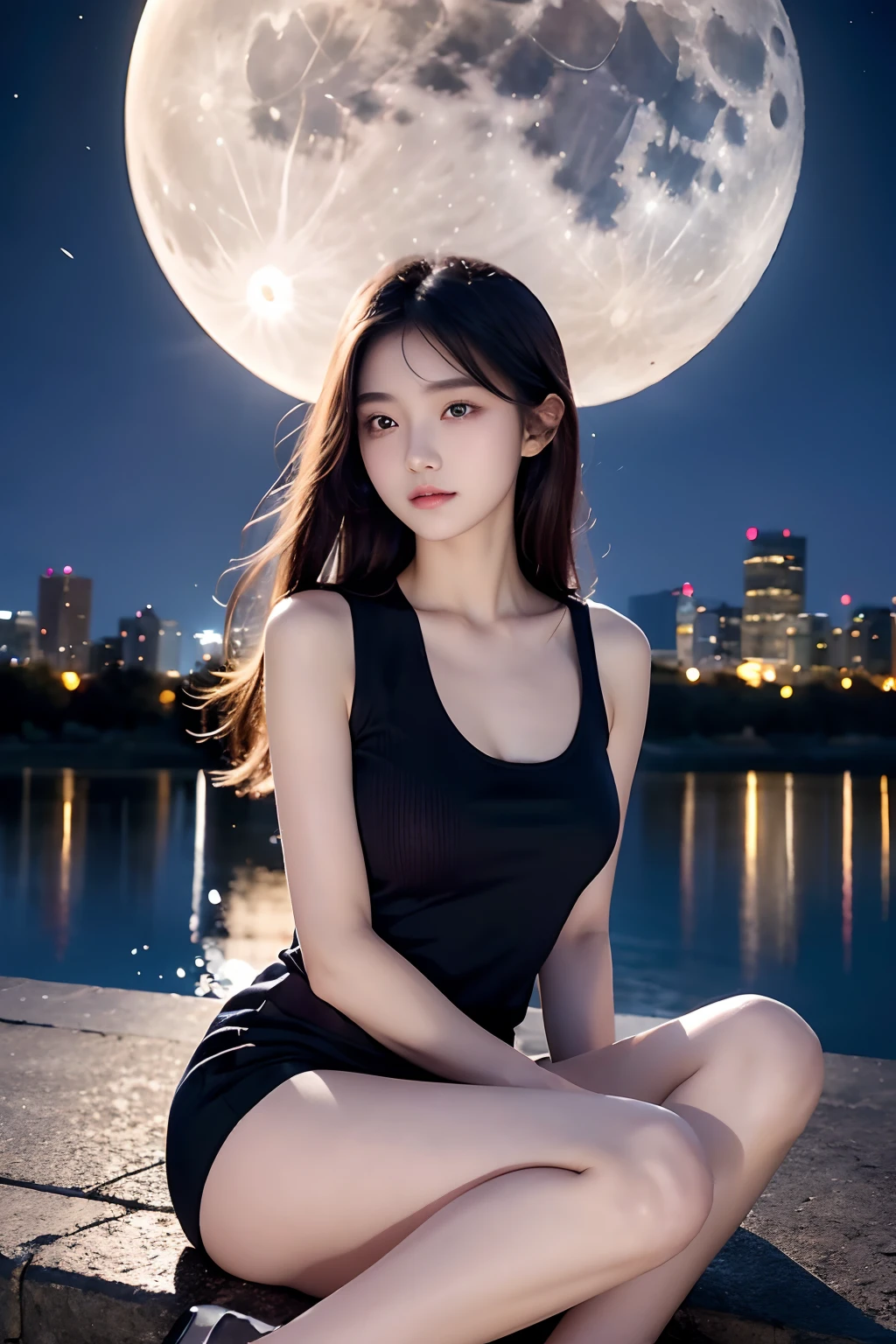 20 yr old girl, beautiful detailed eyes, full moon, sitting, dark background, moonlight, city, masterpiece, best quality, illustration,