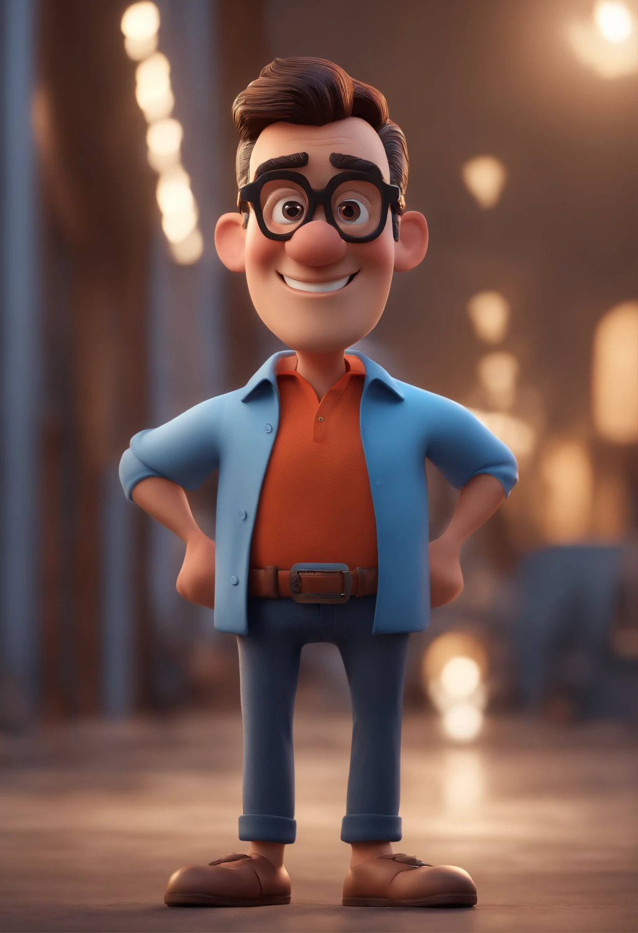 Cartoon character of a man with black glasses and a blue shirt, animation character, Caractere estilizado, animation style rendering, 3D estilizado, Arnold Maya render, 3 d render stylized, toon render keyshot, Personagem 3D, Personagem 3D, 3d rendering stylized, 3 d character render, personagem de desenho animado, Personagem de close up, Pose de personagem, (Estilo Pixar) (master part:1.2) (Bokeh) (best quality) (pele detalhada) (textura detalhada) (8k) (argila) (Cinematic lighting) (foco nítido