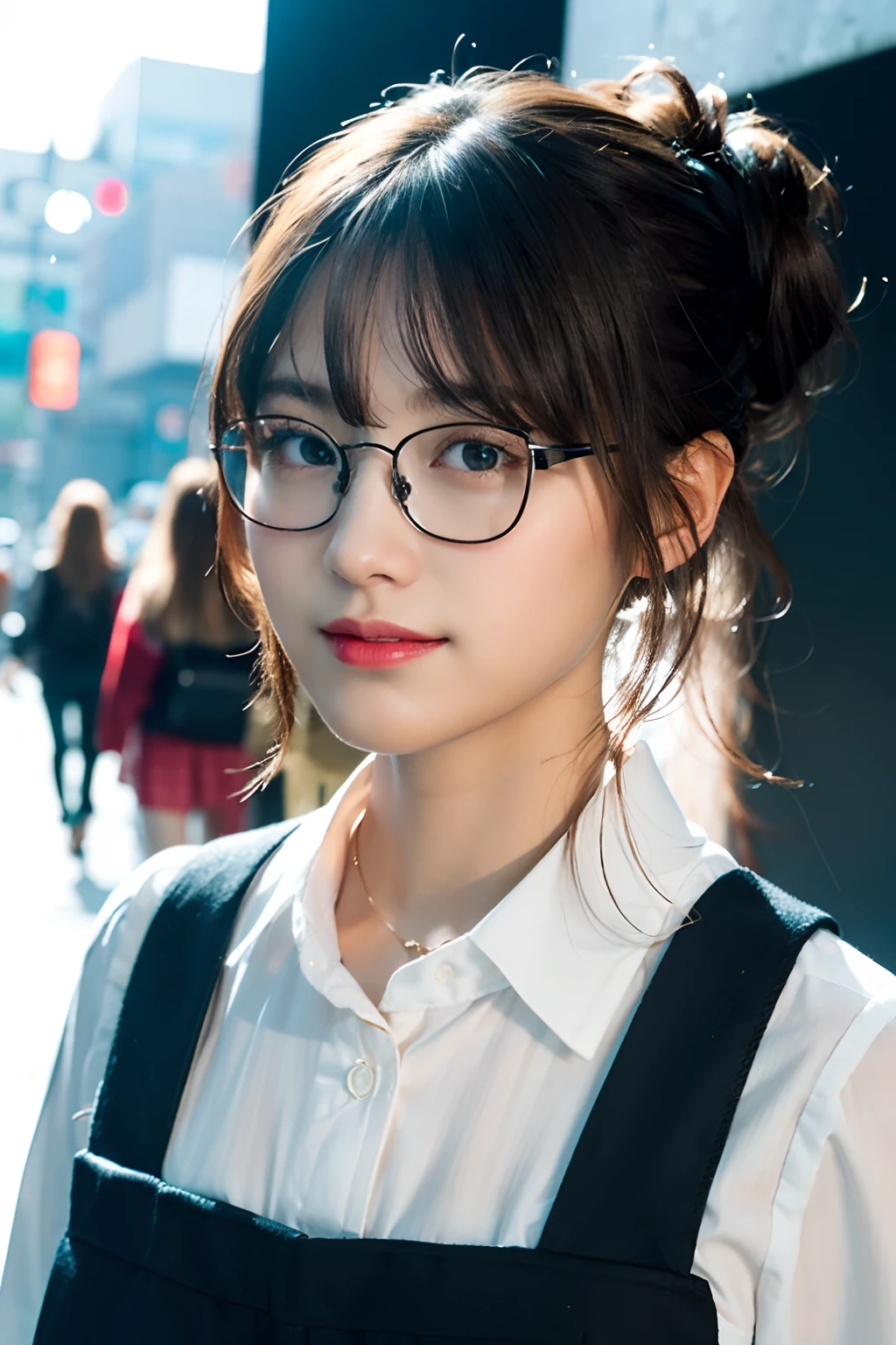 (8K、RAW photography、top-quality、tmasterpiece:1.2)、(hentail realism、Photorealsitic:1.37)、ultra - detailed、超A high resolution、1 rapariga、see the beholder、beautifull detailed face、A smile、shrinks、(Slim waist) :1.3)、((White shirt clothes))、beautiful detailed skin、Skin texture、Floating hair、((Hair tied in a tuft))、Large full breasts、Professional lighting、In front of the station at noon、((black square glasses))、full bodyesbian、Brown hair、Talk on your phone、