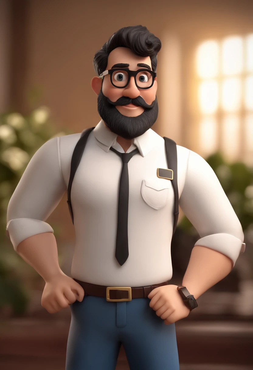 Disney pixar cartoon character style of a young politician wearing glasses and a white shirt with black beard and hair, terno e gravata, in Brasilia an animated character, Caractere estilizado, animation style rendering, 3D estilizado, Arnold Maya render, 3 d render stylized, toon render keyshot, Personagem 3D, Personagem 3D, 3d rendering stylized, 3 d character render, personagem de desenho animado, Personagem de close up, Pose de personagem,  (Estilo Pixar) (master part:1.2) (Bokeh) (best quality) (pele detalhada) (textura detalhada) (8k) (argila) (Cinematic lighting) (foco nítido