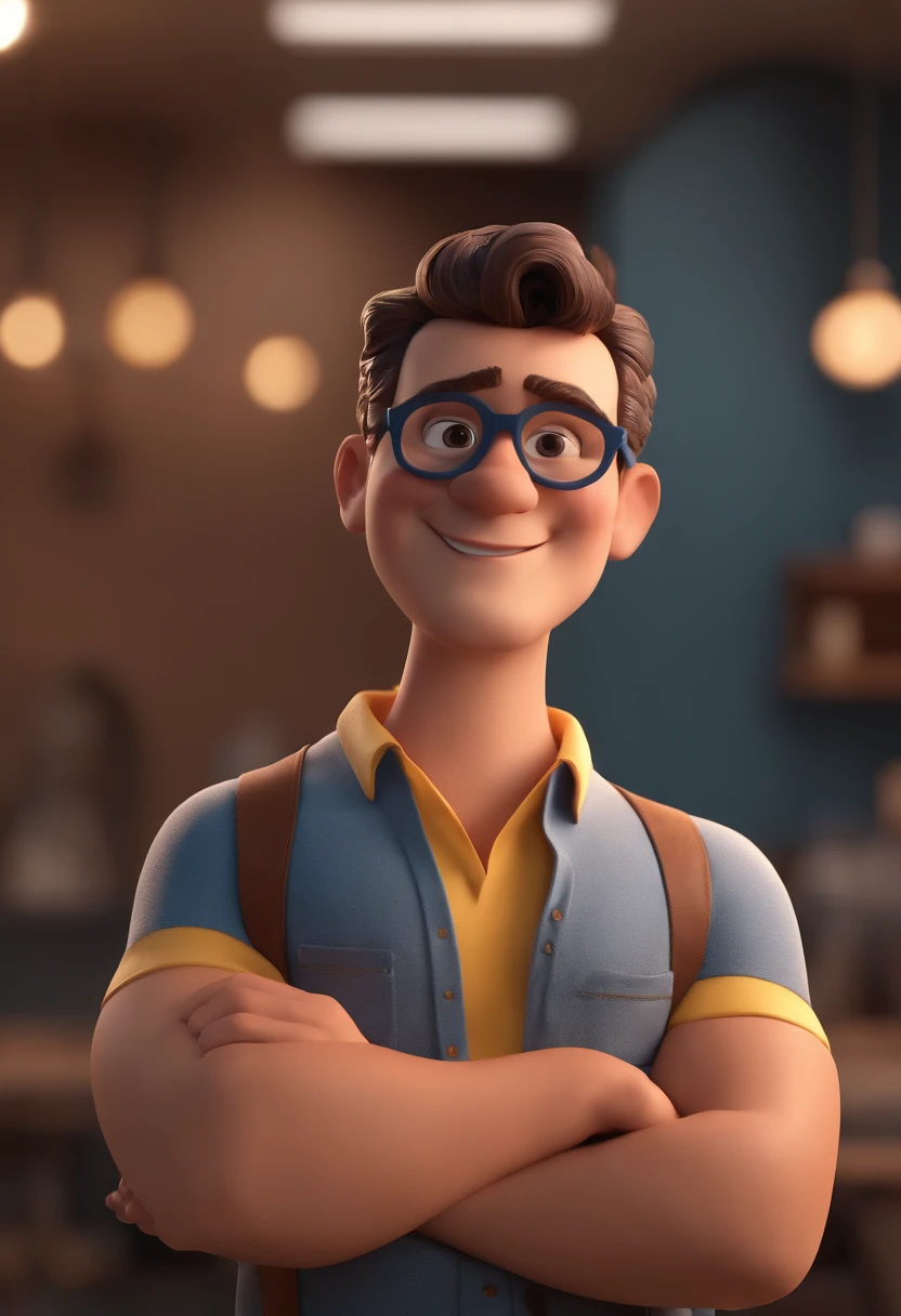 Cartoon character of a man with black glasses and a blue shirt, animation character, Caractere estilizado, animation style rendering, 3D estilizado, Arnold Maya render, 3 d render stylized, toon render keyshot, Personagem 3D, Personagem 3D, 3d rendering stylized, 3 d character render, personagem de desenho animado, Personagem de close up, Pose de personagem,  (Estilo Pixar) (master part:1.2) (Bokeh) (best quality) (pele detalhada) (textura detalhada) (8k) (argila) (Cinematic lighting) (foco nítido