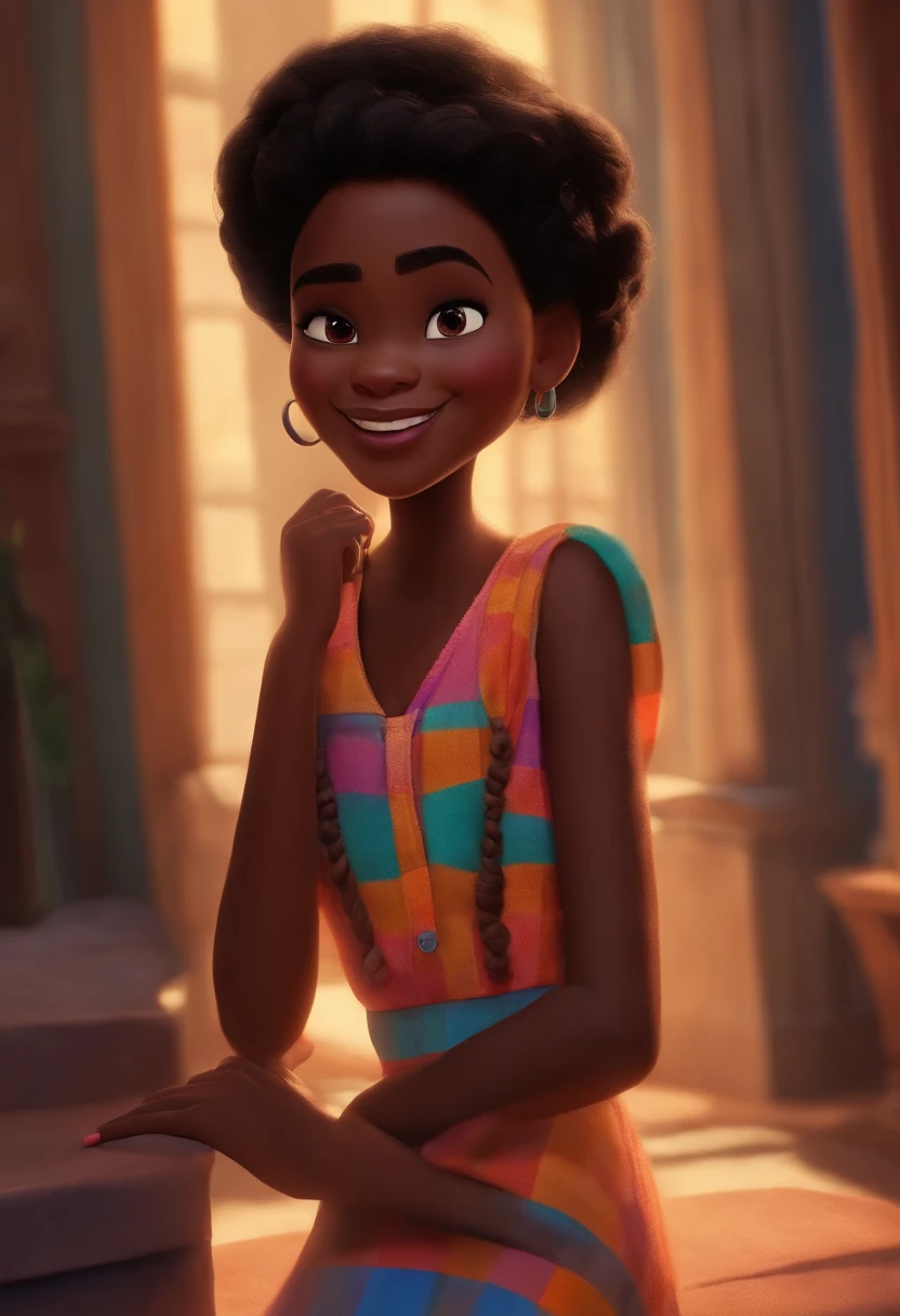 Um filme inspirado na Disney Pixar (MENINA NEGRA JOVEM COM CABELO LONGO CACHEADO PRETO) dentro A cena estar na arte distinta do estilo PIXAR, descolada e estilosa