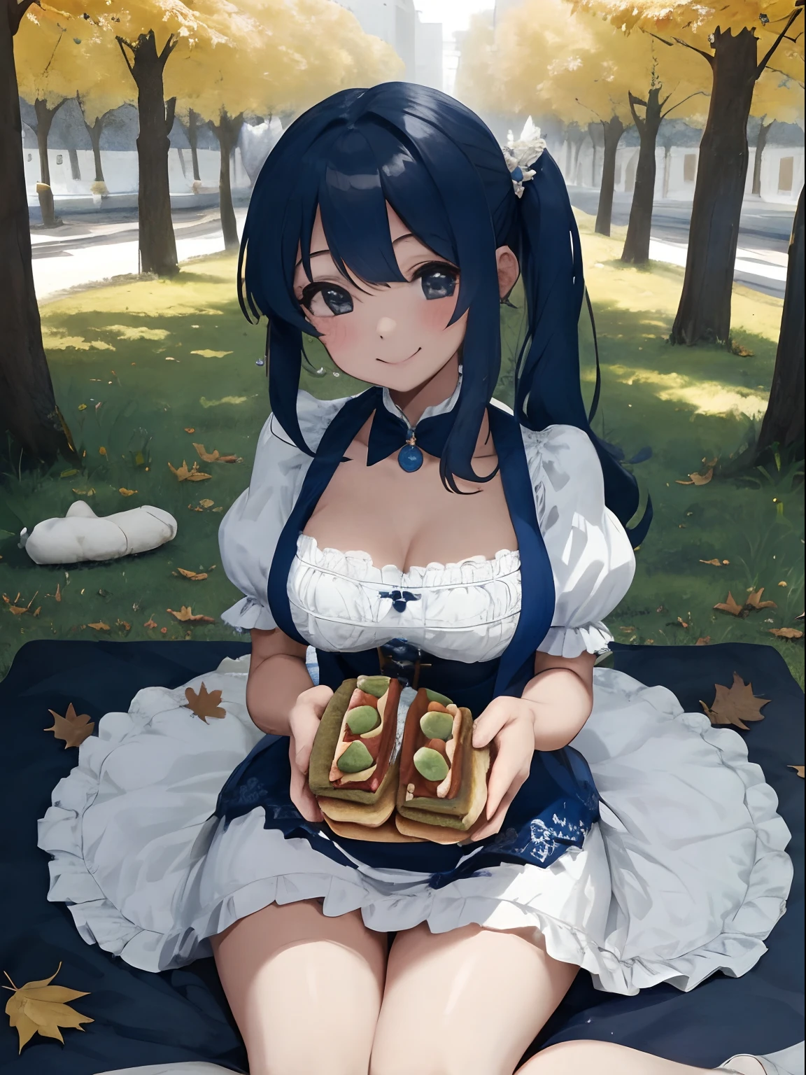 twinsies,Chiquita,Two-tone hair in white and navy blue,Colored leaves,Medieval European style,nobles,Ready Style,Fluffy and fluttering clothes,Stylish atmosphere,eat a sandwich,A smile,Fun picnic,busy,The sun is shining