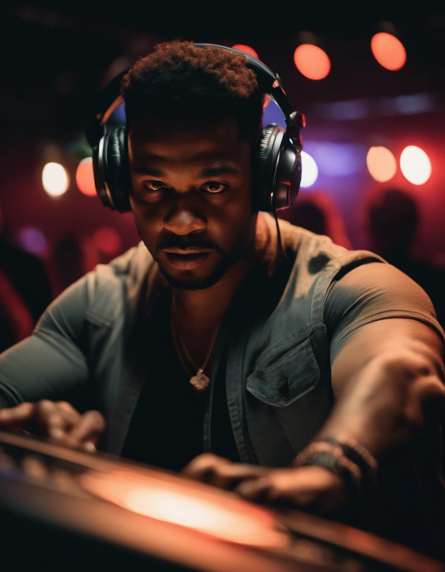 (best quality,4k,8k,highres,masterpiece:1.2),ultra-detailed,(realistic,photorealistic,photo-realistic:1.37),A middle-aged man, about 40 years old, with dark skin and a slightly chubby figure, standing upright. The man has a round face and a friendly expression. He is positioned on a stage with a DJ setup. The stage is well-lit with colorful spotlights, creating a vibrant atmosphere. The man is wearing headphones, and his hands are placed on the turntables. His fingers are in motion, skillfully manipulating the DJ equipment. The man exudes confidence and passion for music, radiating positive energy to the crowd. The scene is set in a lively and energetic environment, with people dancing and enjoying the music. The overall color tone is vibrant, with a mix of bold and neon colors, creating a dynamic and captivating visual experience. [portrait,hip-hop,festival,crowd,energetic atmosphere,colorful lights,turntables,dancing,positive energy,skillful DJ,engaged audience]