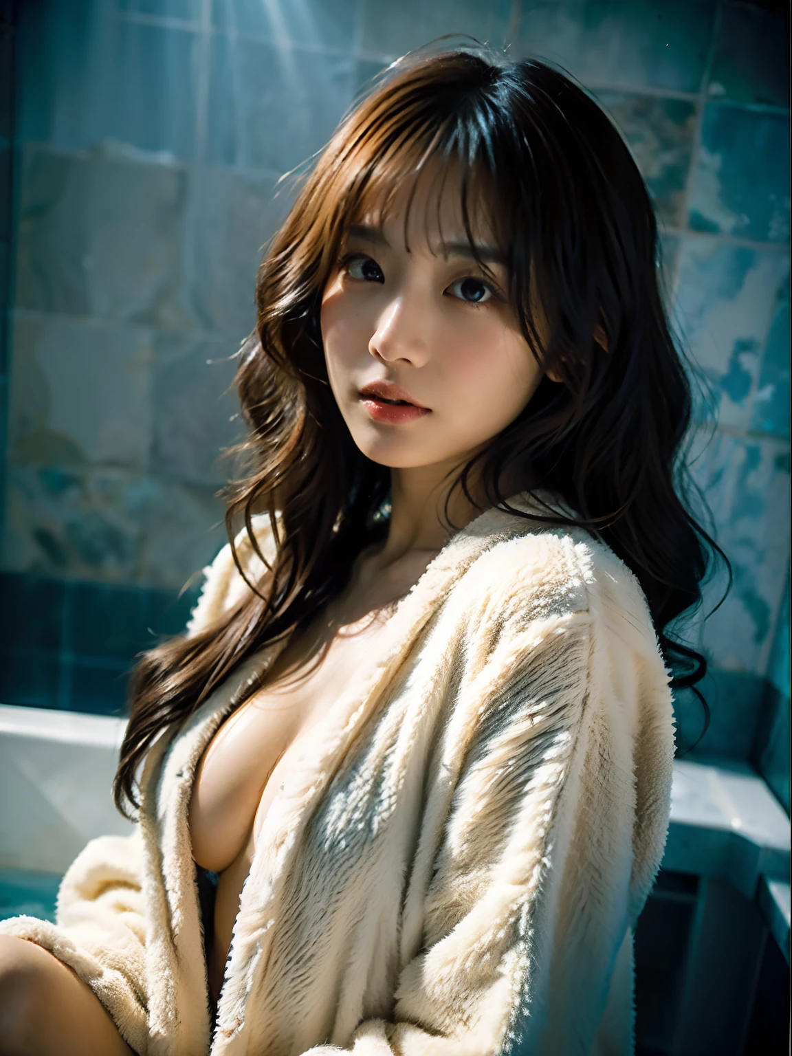 ,1girl's fantasy face Macau Girl,Light orange bathrobe, Fluffy curly hair,The background is a shower.... Bath..,Blue Tone,Flash light, natural light, Analog Film,
