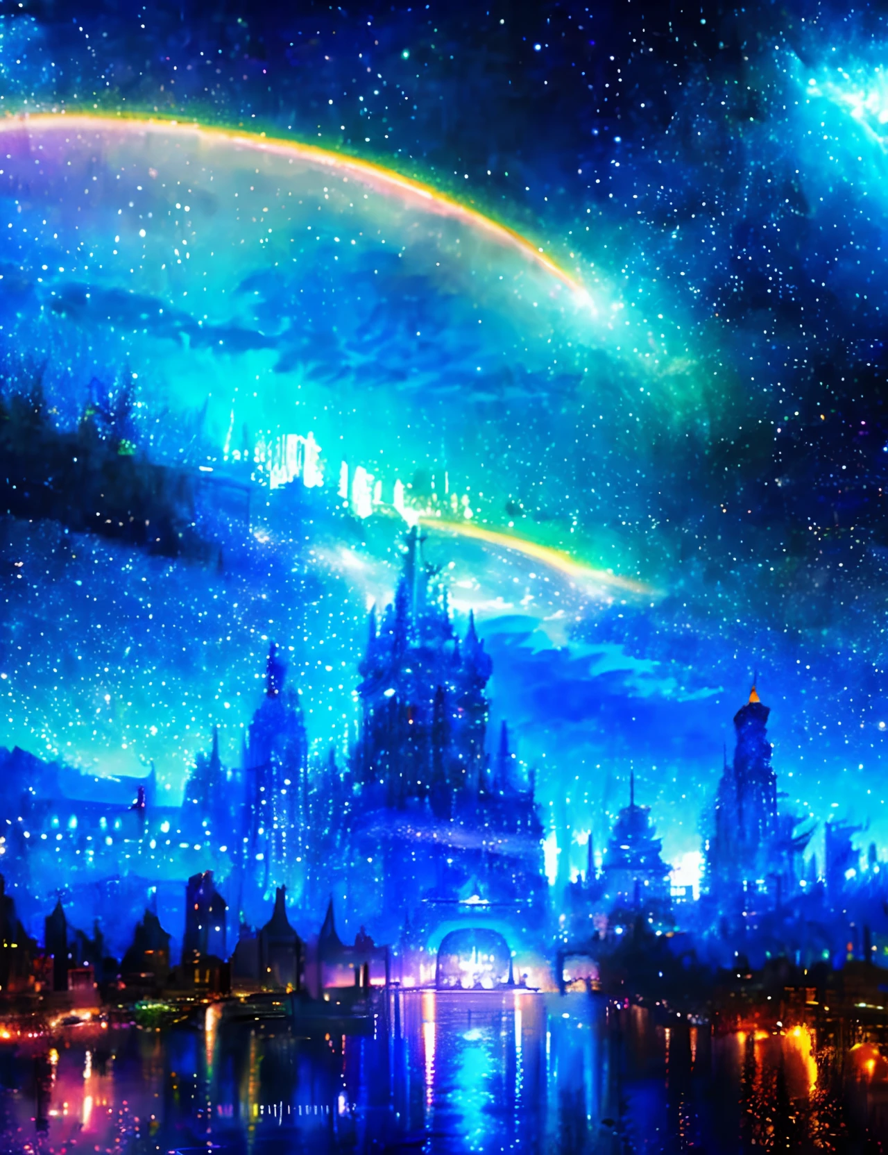 Colorful Metropolitan Museum of Art、River painting with stars and moon in rainbow sky、the met、Shining skyscrapers、Shine across the board、Skyscrapers、Concept art inspired by Mitsuoki Tosa、pixiv contest winners、top-quality、Fantasyart、beautiful anime scene、Bright moon、Moonlit star environment、Dream painting、Anime Background Art、Fantasy landscape art、fantasy knight、anime backgrounds、background artwork、Fantastic art、atmospheric anime、starrysky、Detail has been enhanced。
