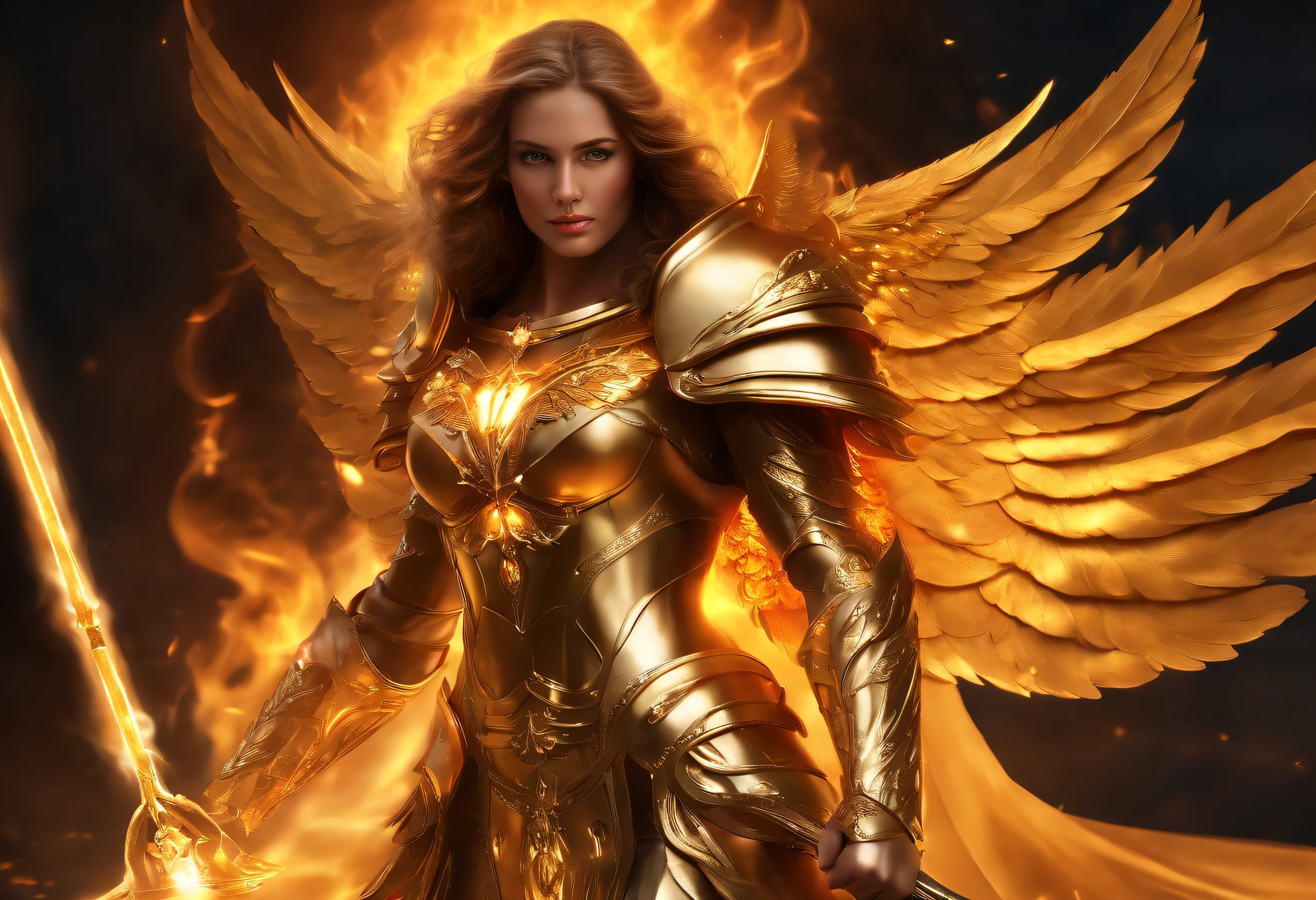 ((the Justice angel)),(take flame blade reflect dizzle light),burnning up in fire,equiped with golden armer,shinning eyes,background in holy gold color