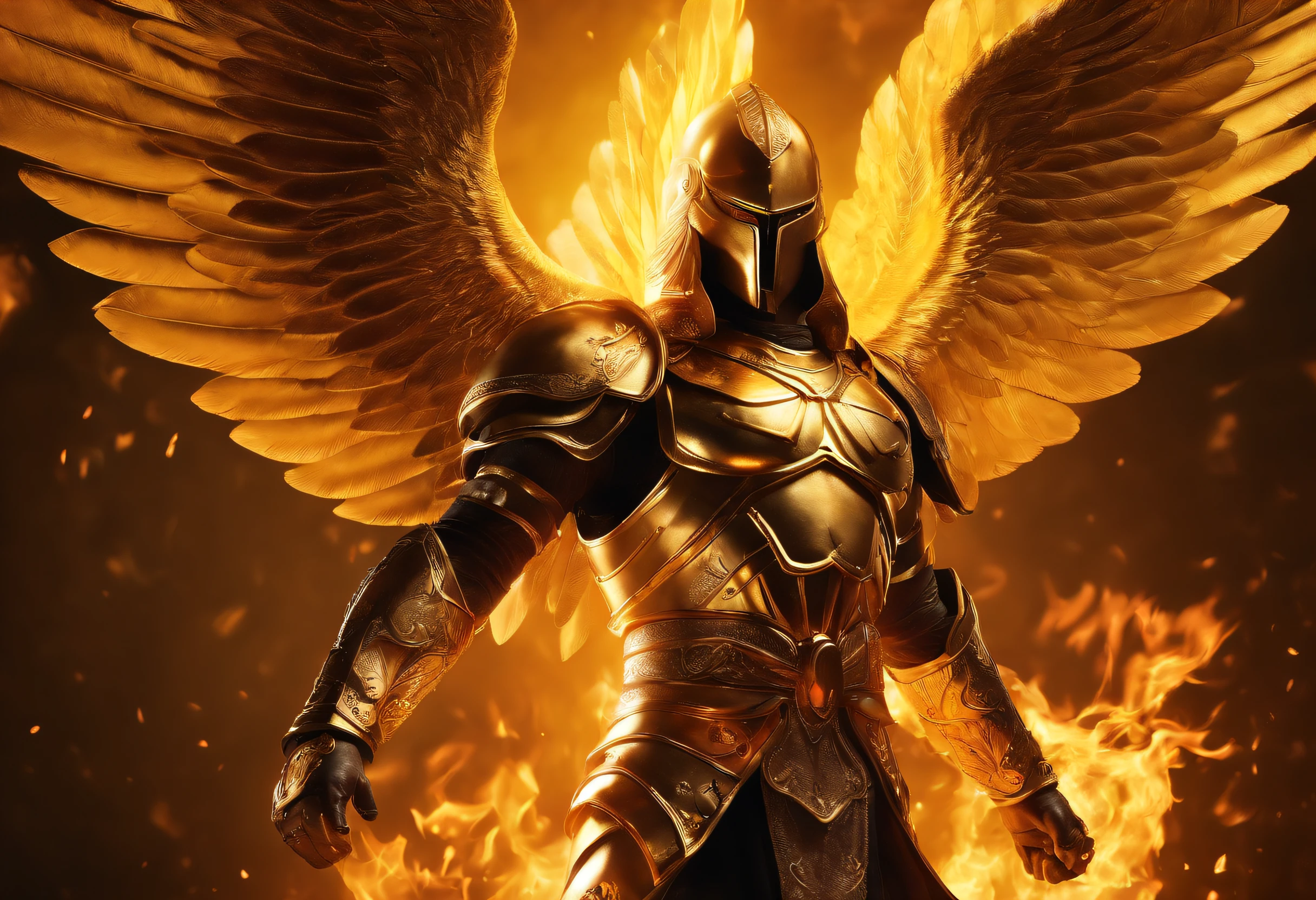 ((the Justice angel)),(take flame blade reflect dizzle light),burnning up in fire,equiped with golden armer,shinning eyes,background in holy gold color
