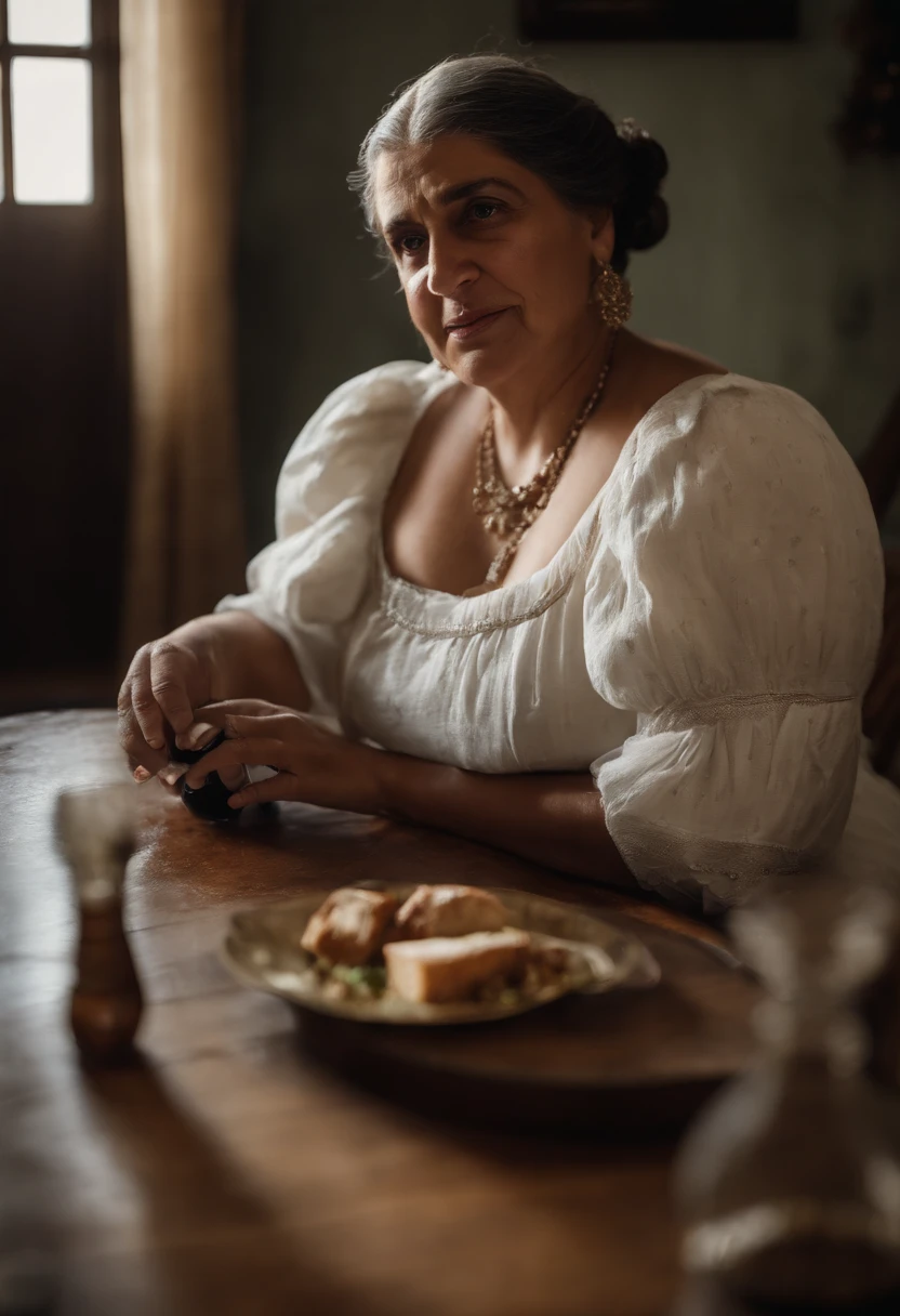 123-year-old girl, sozinha, with a glass and a bottle of wine, cabelos escuros com as pontas do cabelo castanho claro, cabelos passando da altura dos ombros, ondulado, pele morena, mean eyes, olhos castanho escuro, bochechas um pouco gordinhas, large mouth and slightly chubby nose and an overweight, curvaceous body