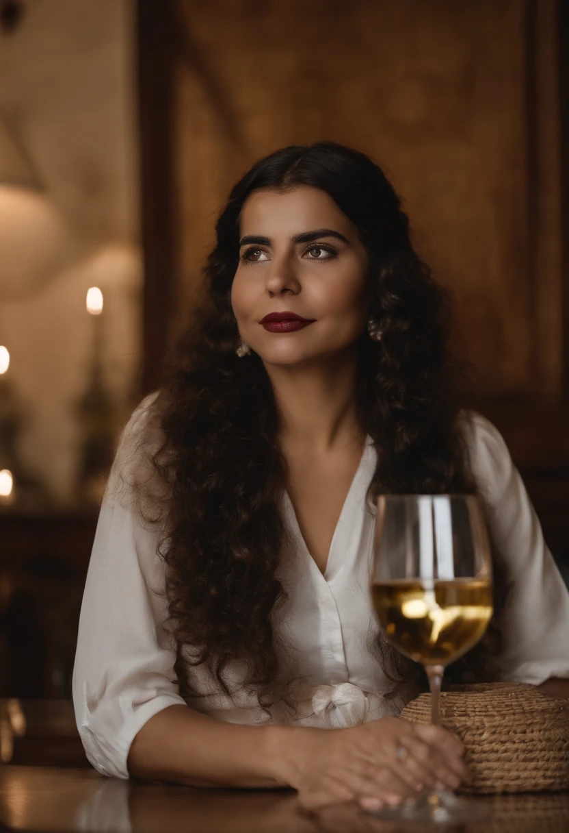 123-year-old girl, sozinha, with a glass and a bottle of wine, cabelos escuros com as pontas do cabelo castanho claro, cabelos passando da altura dos ombros, ondulado, pele morena, mean eyes, olhos castanho escuro, bochechas um pouco gordinhas, large mouth and slightly chubby nose and an overweight, curvaceous body