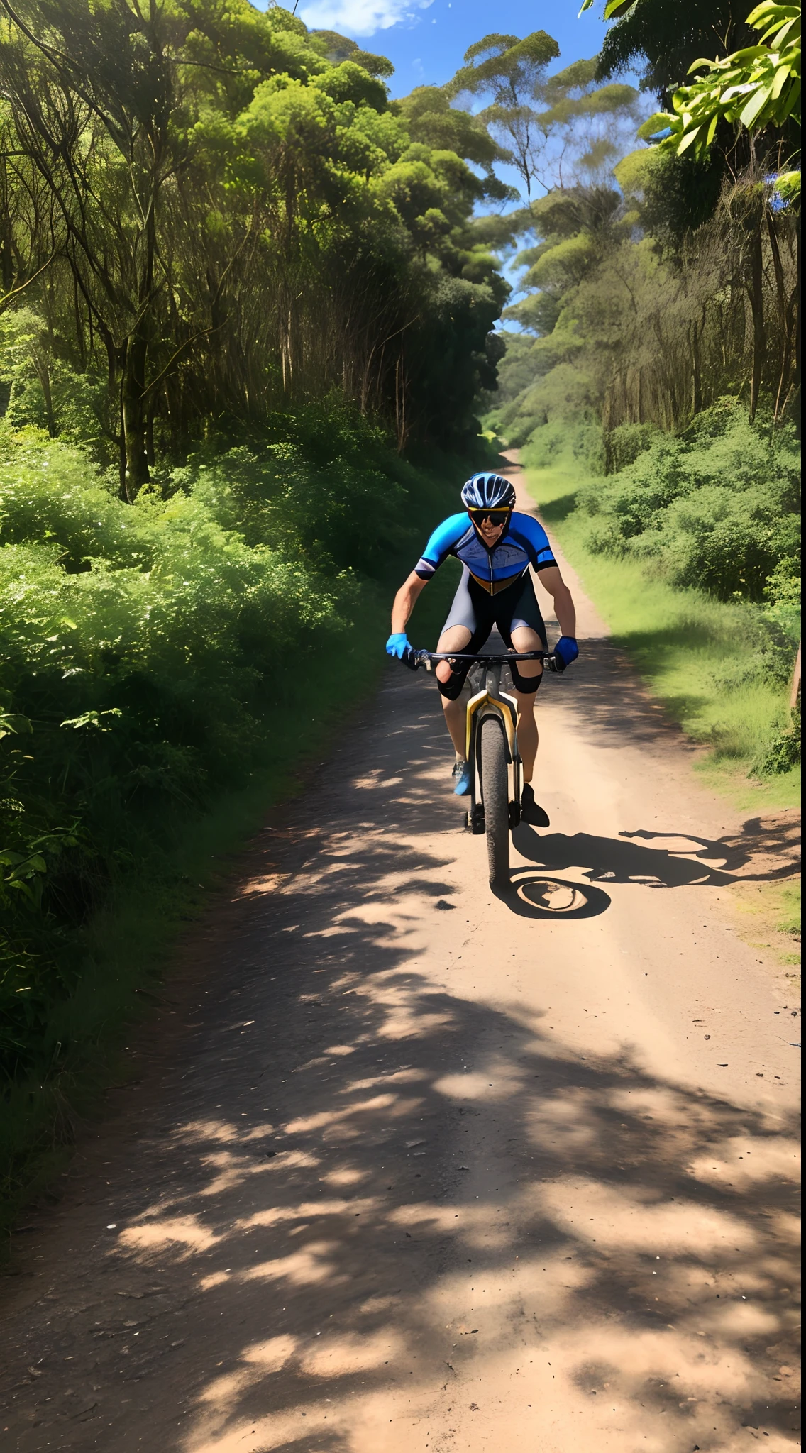 Homem em cima de uma bicicleta de estrada em estrada molhada, nos reflexos da estrada molhada deve refletir um homem com bicleta de mtb