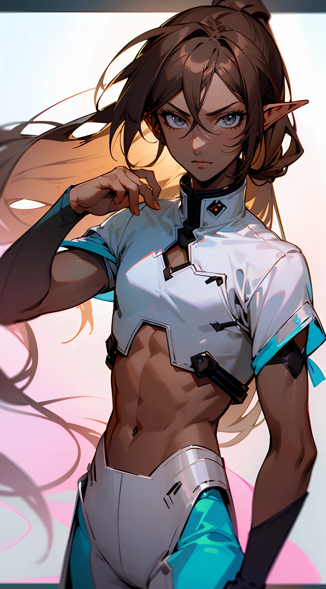 ((Beautiful man:1)) , ((Dark skin:1.5)) , ((long hair)) , ((brown hair)) , ((male:1.4)) , full lips , green eyes , voluminous hair,((has elf ears:1)), ((Skinny build)) ,effeminate , ((has a center part in hair:1)), full long eyelashes,((straight hair:1.3)) , ((crop top:1.2)), hair in a ponytail, Bishounen, possess delicate and androgynous features, age 33
(masterpiece, best quality )detailed, 1Character , pastel washed out colors , cell shade , soft, muted shades ,gentle colors ,
Wearing a mix of sword art online and futuristic style clothes ,