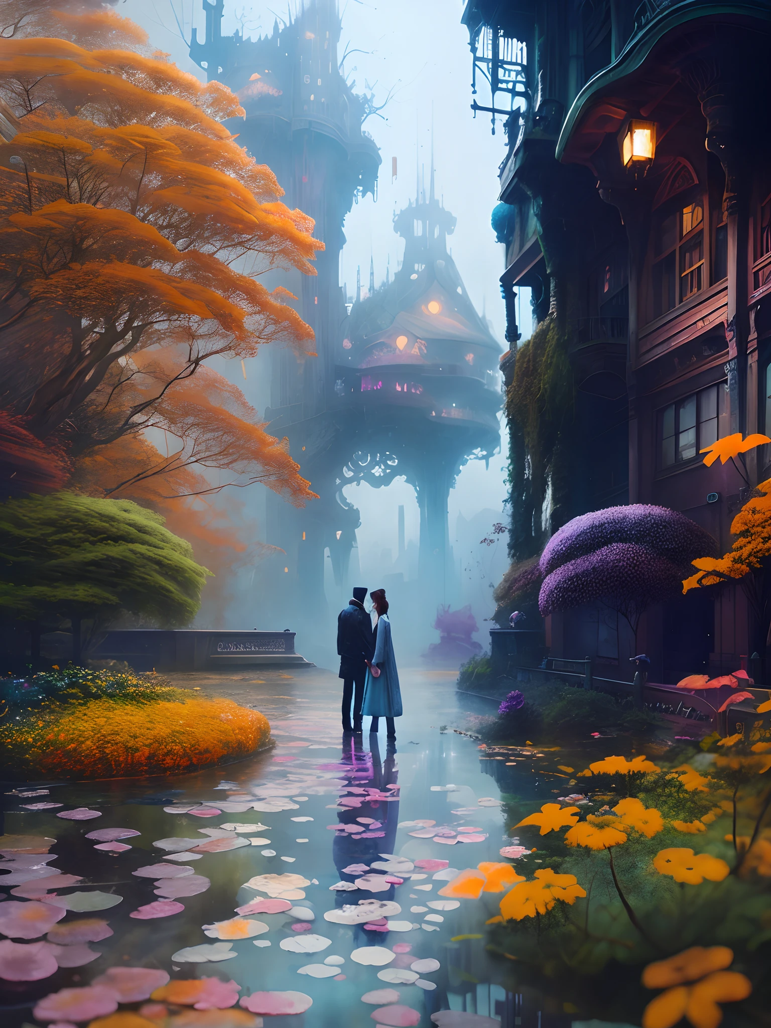 Watercolor,wet,noisy,there are two people standing in the rain in a garden, paul lehr and beeple, beautiful render of a fairytale, inspired by Paul Lehr, stylized urban fantasy artwork, surreal concept art, fantasy matte painting，cute, matte painting in fantasy style, cyberpunk in foliage, james gurney and andreas rocha, in fantasy sci - fi city