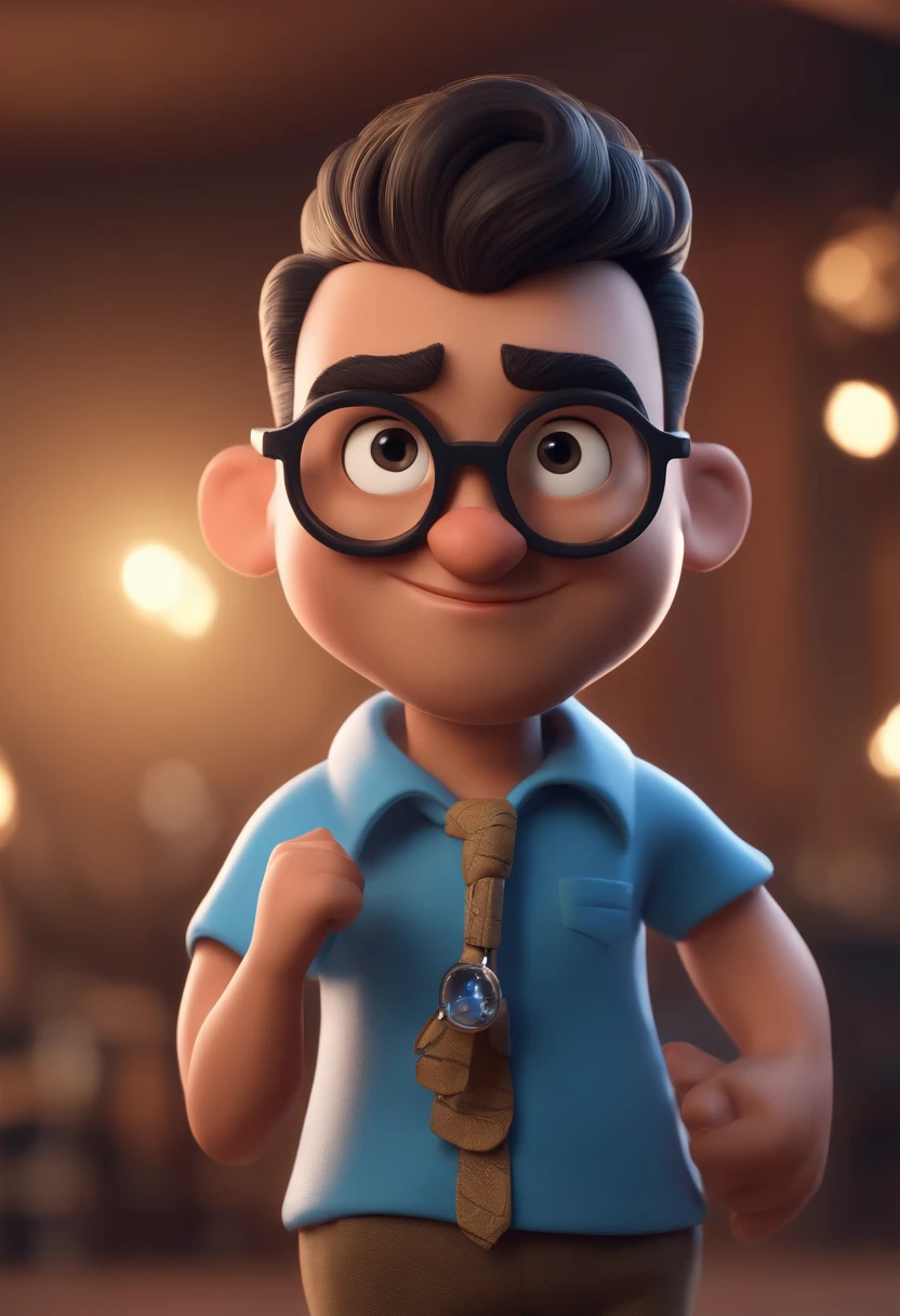 Cartoon character of a man with black glasses and a blue shirt, animation character, Caractere estilizado, animation style rendering, 3D estilizado, Arnold Maya render, 3 d render stylized, toon render keyshot, Personagem 3D, Personagem 3D, 3d rendering stylized, 3 d character render, personagem de desenho animado, Personagem de close up, Pose de personagem, (Estilo Pixar) (master part:1.2) (Bokeh) (best quality) (pele detalhada) (textura detalhada) (8k) (argila) (Cinematic lighting) (foco nítido