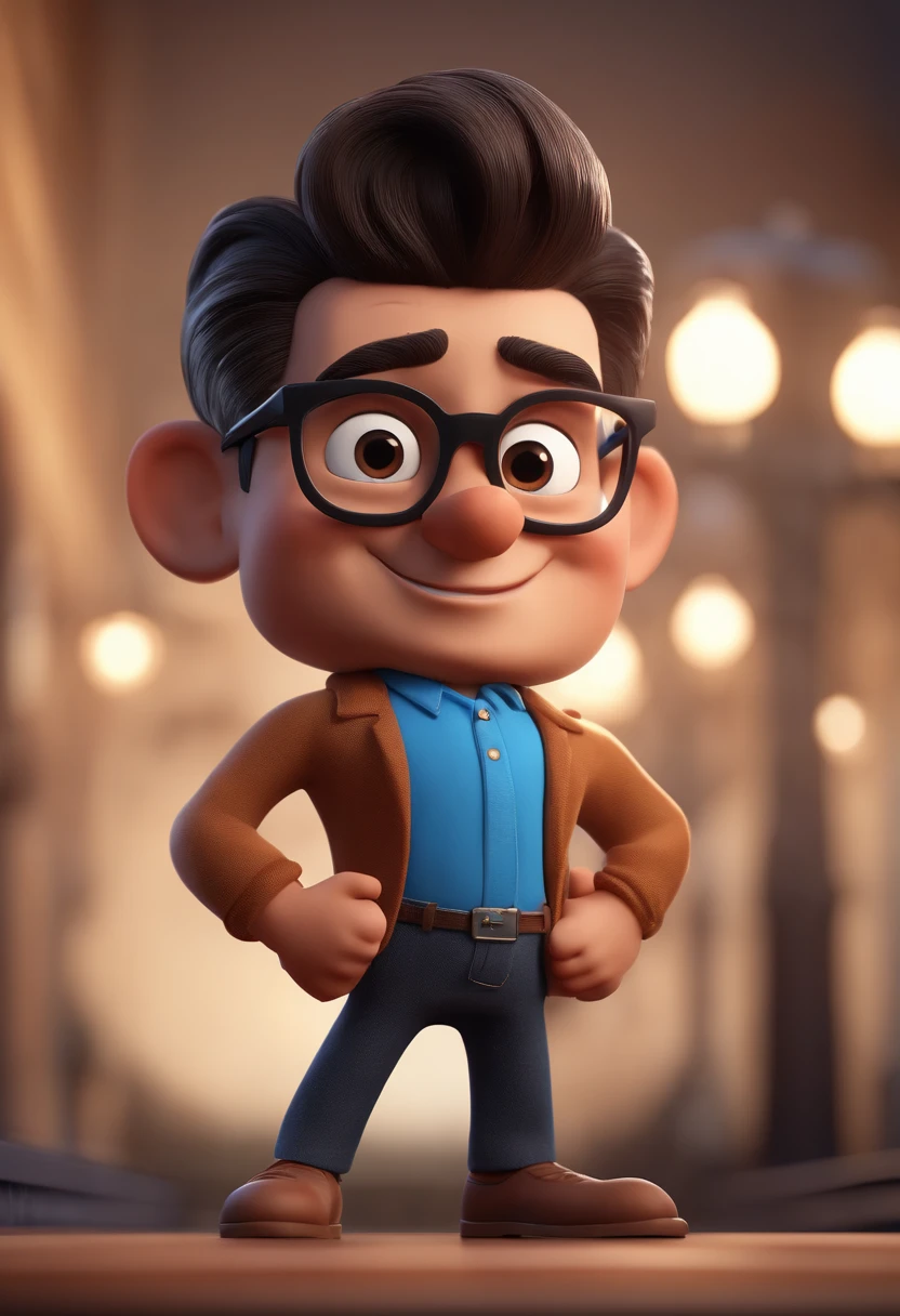 Cartoon character of a man with black glasses and a blue shirt, animation character, Caractere estilizado, animation style rendering, 3D estilizado, Arnold Maya render, 3 d render stylized, toon render keyshot, Personagem 3D, Personagem 3D, 3d rendering stylized, 3 d character render, personagem de desenho animado, Personagem de close up, Pose de personagem,  (Estilo Pixar) (master part:1.2) (Bokeh) (best quality) (pele detalhada) (textura detalhada) (8k) (argila) (Cinematic lighting) (foco nítido