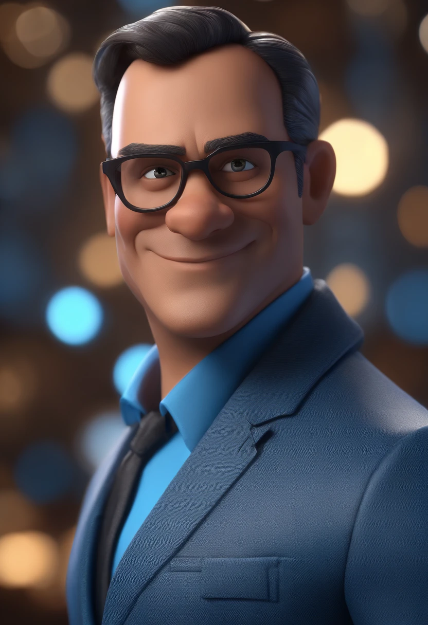 Cartoon character of a man with black glasses and a blue shirt, animation character, Caractere estilizado, animation style rendering, 3D estilizado, Arnold Maya render, 3 d render stylized, toon render keyshot, Personagem 3D, Personagem 3D, 3d rendering stylized, 3 d character render, personagem de desenho animado, Personagem de close up, Pose de personagem, (Estilo Pixar) (master part:1.2) (Bokeh) (best quality) (pele detalhada) (textura detalhada) (8k) (argila) (Cinematic lighting) (foco nítido