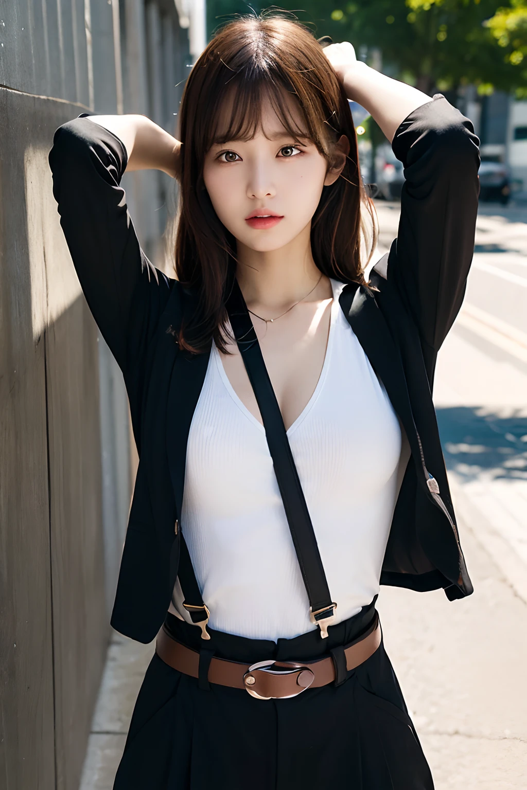 masterpiece、flat-colors、depth of fields、lens flare 1 girl、、Brown hair、watching at viewers a belt black suspenders large full breasts Armpit sweat perspiring Side of both hands walls: Black pants, Black jacket holster arm Leg holster arma Gaze Small face Bangs Upper Eyes flank