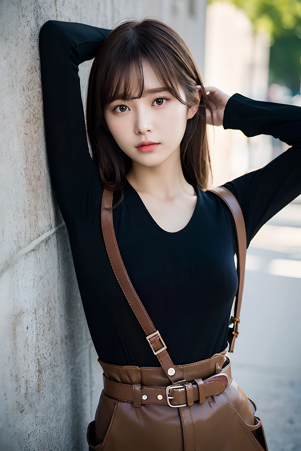 masterpiece、flat-colors、depth of fields、lens flare 1 girl、、Brown hair、watching at viewers a belt black suspenders large full breasts Armpit sweat perspiring Side of both hands walls: Black pants, Black jacket holster arm Leg holster arma Gaze Small face Bangs Upper Eyes flank