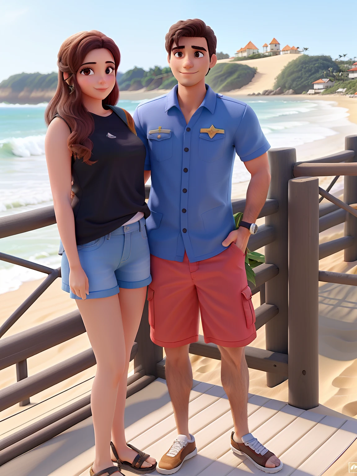 Um casal, mulher na esquerda e homem na direito e de fundo uma praia com dunas de areia