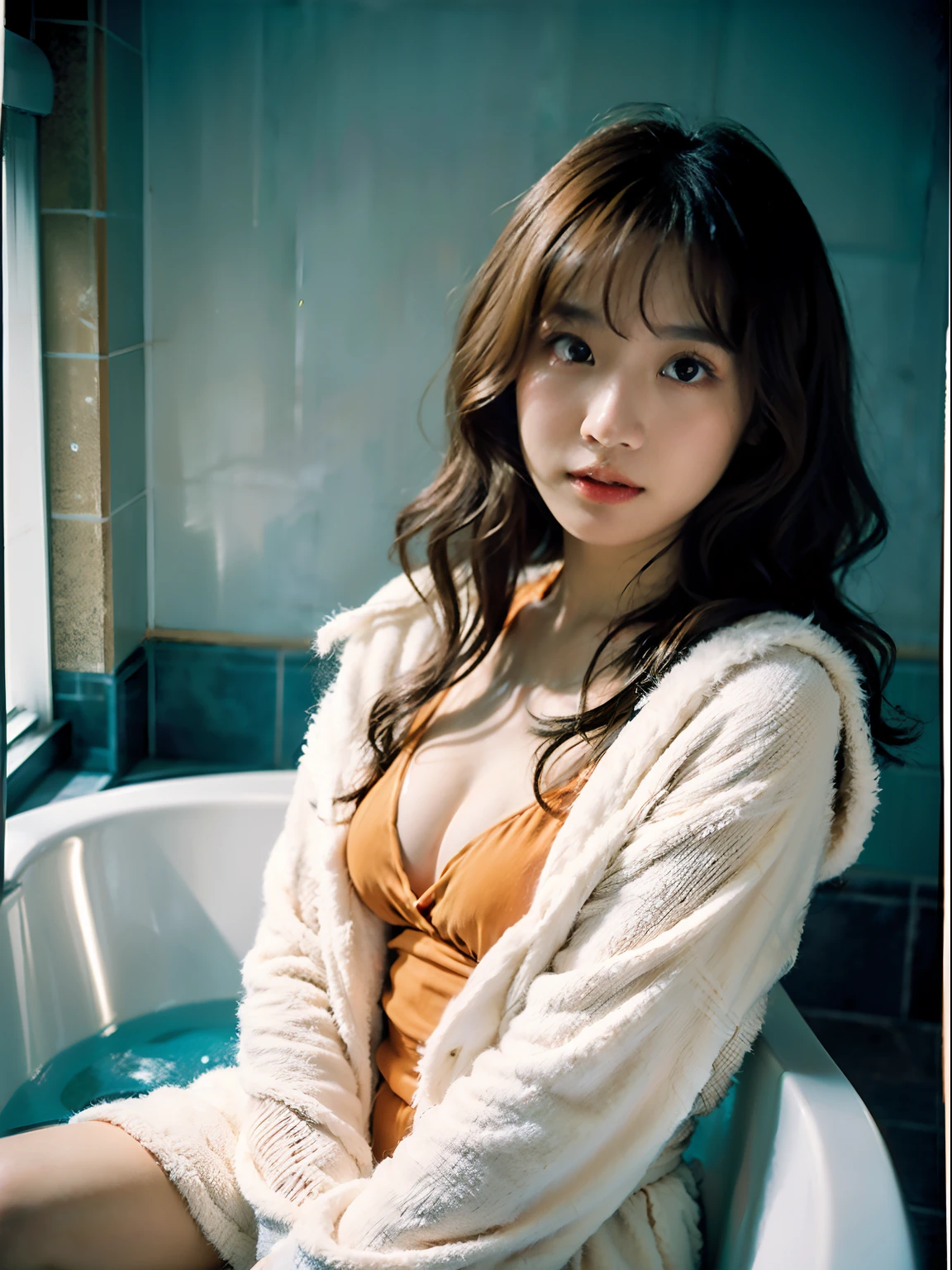 ,1girl's fantasy face Macau Girl,Light orange bathrobe, Fluffy curly hair,The background is a shower.... Bath..,Blue Tone,Flash light, natural light, Analog Film,