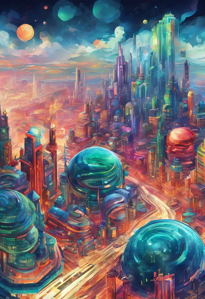 3d watercolor abstract,dark background,high resolution,high quality,colorful,green,red,blue,Create desain depicting this futuristic city above the clouds, focusing on the buildings and vehicles.