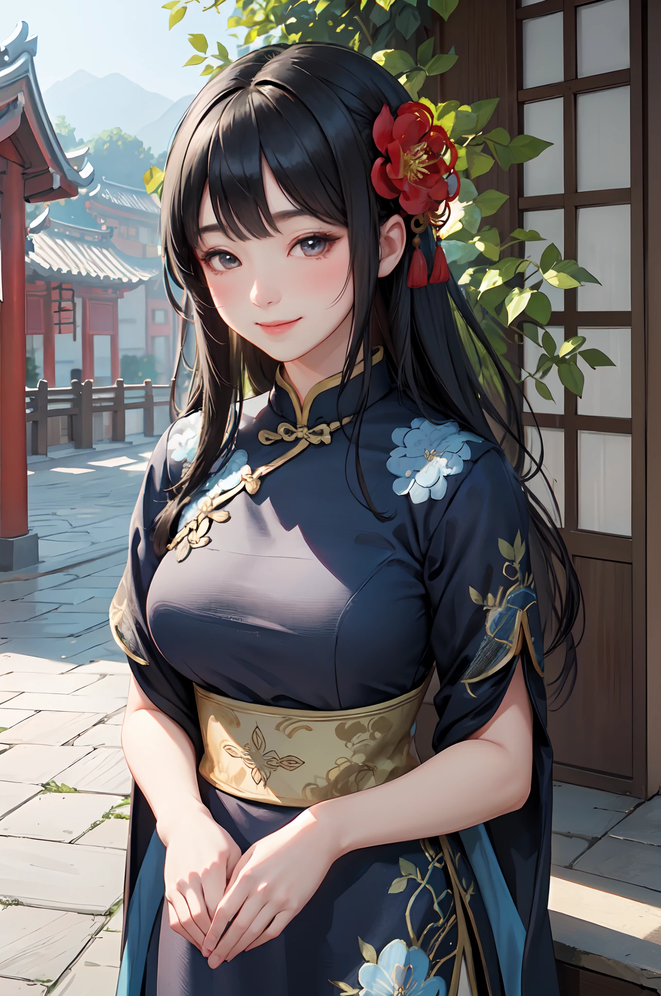 1lady solo, /(Chinese dress with floral embroidery/) vivid blue dress, mature female, /(black hair/) bangs, blush kind smile, (masterpiece best quality:1.2) delicate illustration ultra-detailed, large breasts BREAK /(traditional townscape in China/), outdoors, detailed background