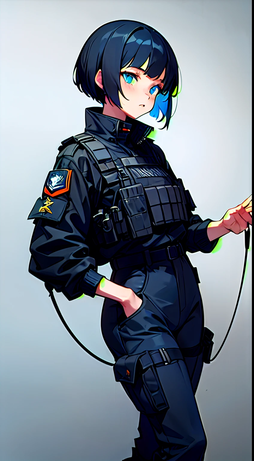 anime girl, Military Special Forces, Black Short Haircut, Glow Blue Eyes, black jacket, Bulletproof vest over jacket, Special Forces Military Pants, tucked into boots, stand-up collar, Futuristic, ConceptArt, gray background, Half-turn