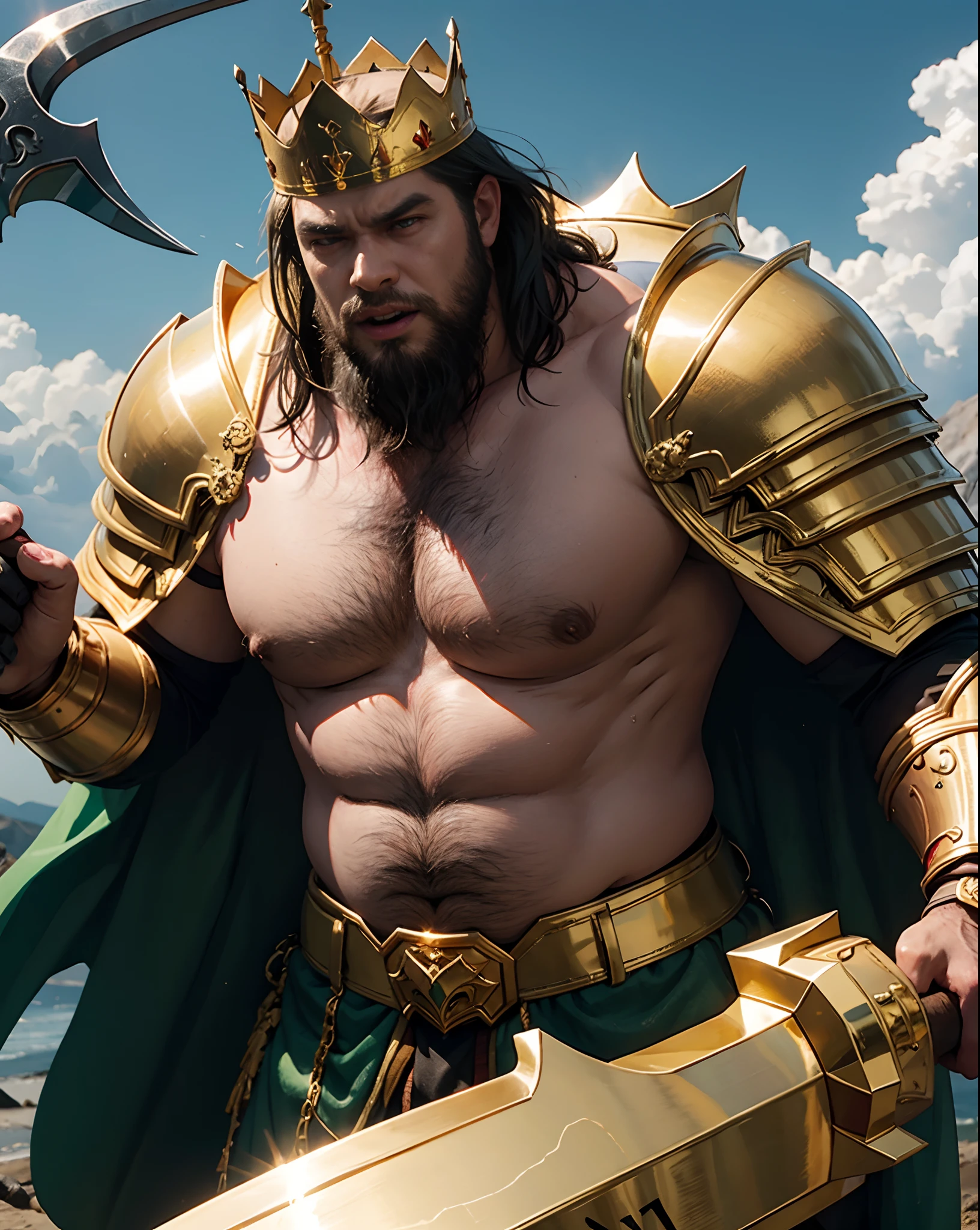 Fierce face, angry teeth, Very fat king (Shirtless), partial_armor, gold, shinny_armor, crown, king, huge_belly, dramatic backlight, giant_axe, green_cape,