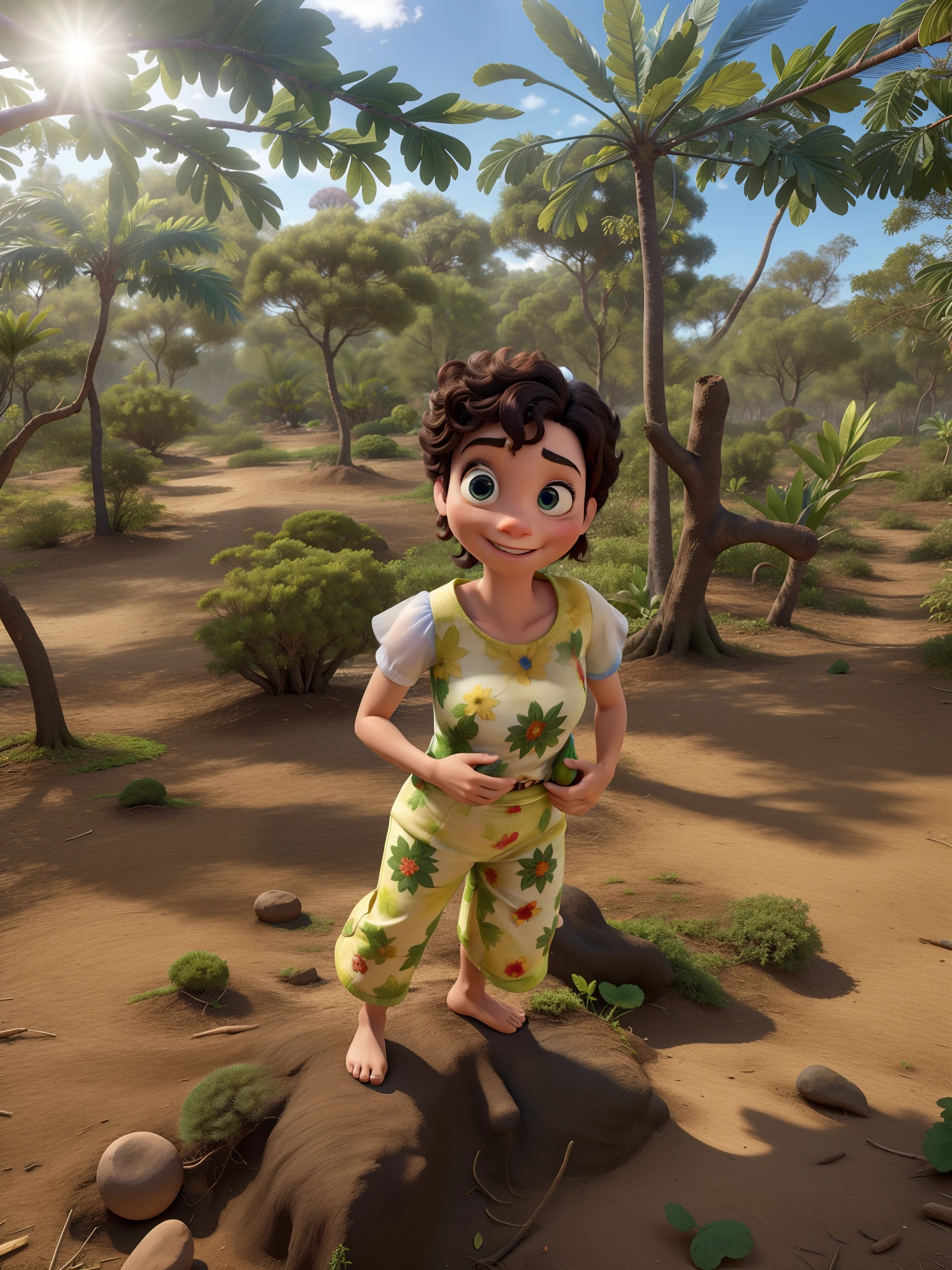 Uma menininha na floresta segurando uma folha, no estilo disney pixar