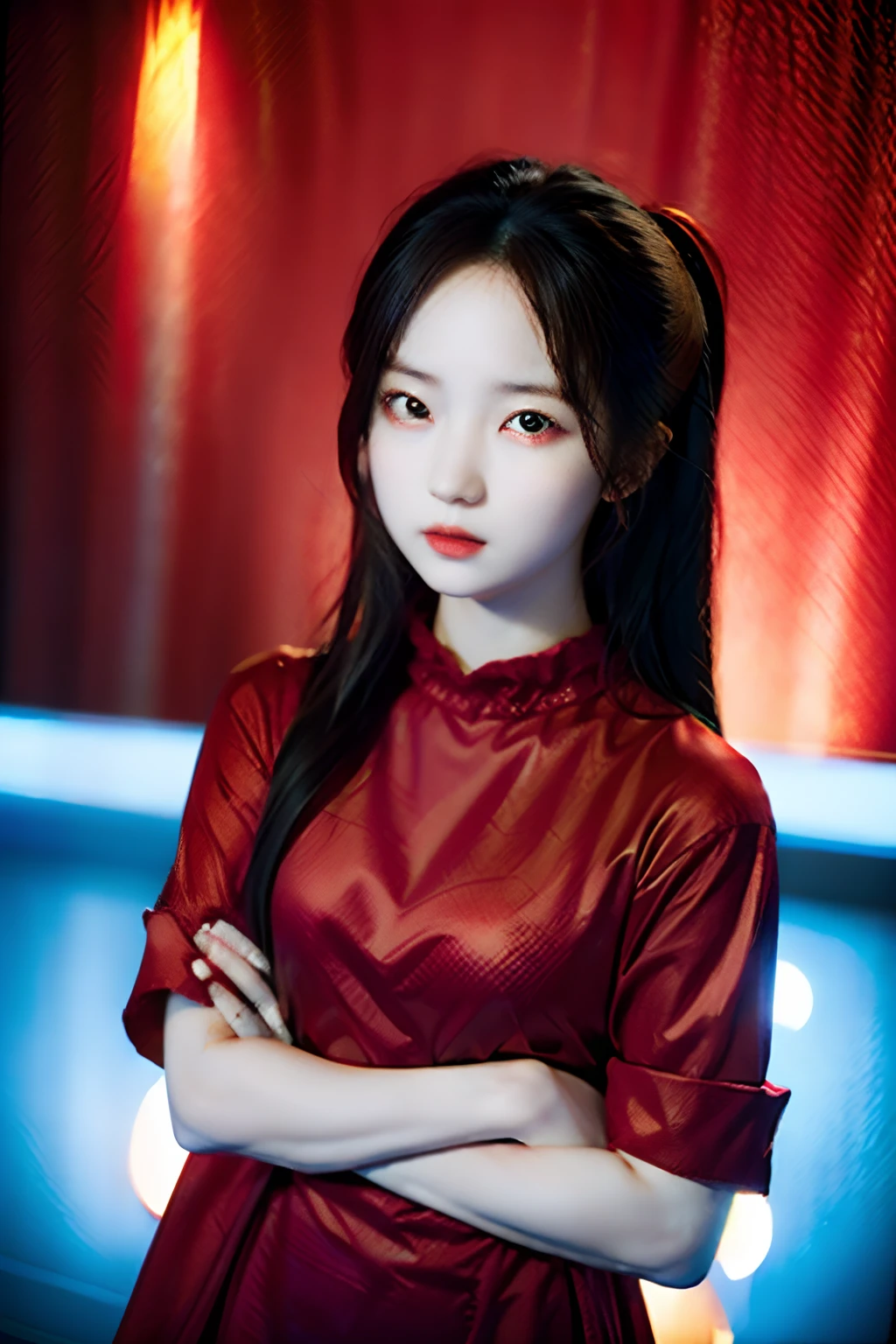 Best Quality, masutepiece, High resolution, (((1girl in))), ,(((Red Eyes:1.3)))、Red attire、((Red Shirt:1.3、Red Rock Dress)), Tindall Effect, Realistic, Shadow Studio, Red lighting, dual-tone lighting, (High Detail Skins: 1.2) Digital SLR, Photo, High resolution, 4K, 8K, Background blur,Fade out beautifully、Blue World