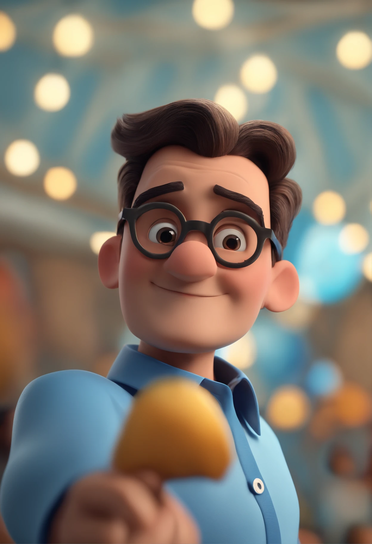 Cartoon character of a man with black glasses and a blue shirt, animation character, Caractere estilizado, animation style rendering, 3D estilizado, Arnold Maya render, 3 d render stylized, toon render keyshot, Personagem 3D, Personagem 3D, 3d rendering stylized, 3 d character render, personagem de desenho animado, Personagem de close up, Pose de personagem, (Estilo Pixar) (master part:1.2) (Bokeh) (best quality) (pele detalhada) (textura detalhada) (8k) (argila) (Cinematic lighting) (foco nítido