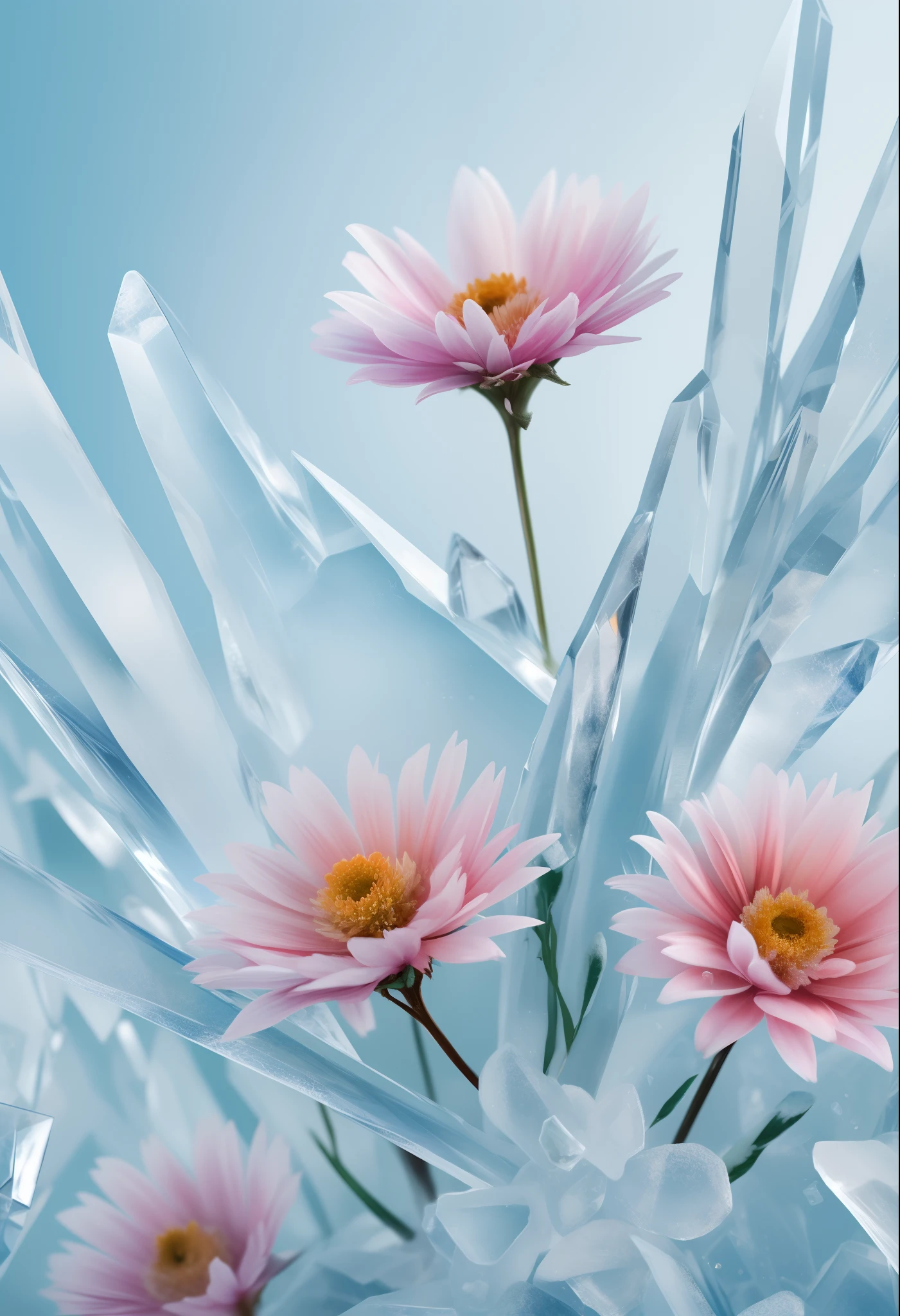 Smooth ice, frozen fresh flowers, crystal clear, glazed texture, minimalist, could be a phone wallpaper image, wonderful, delightful, light colors, imaginative