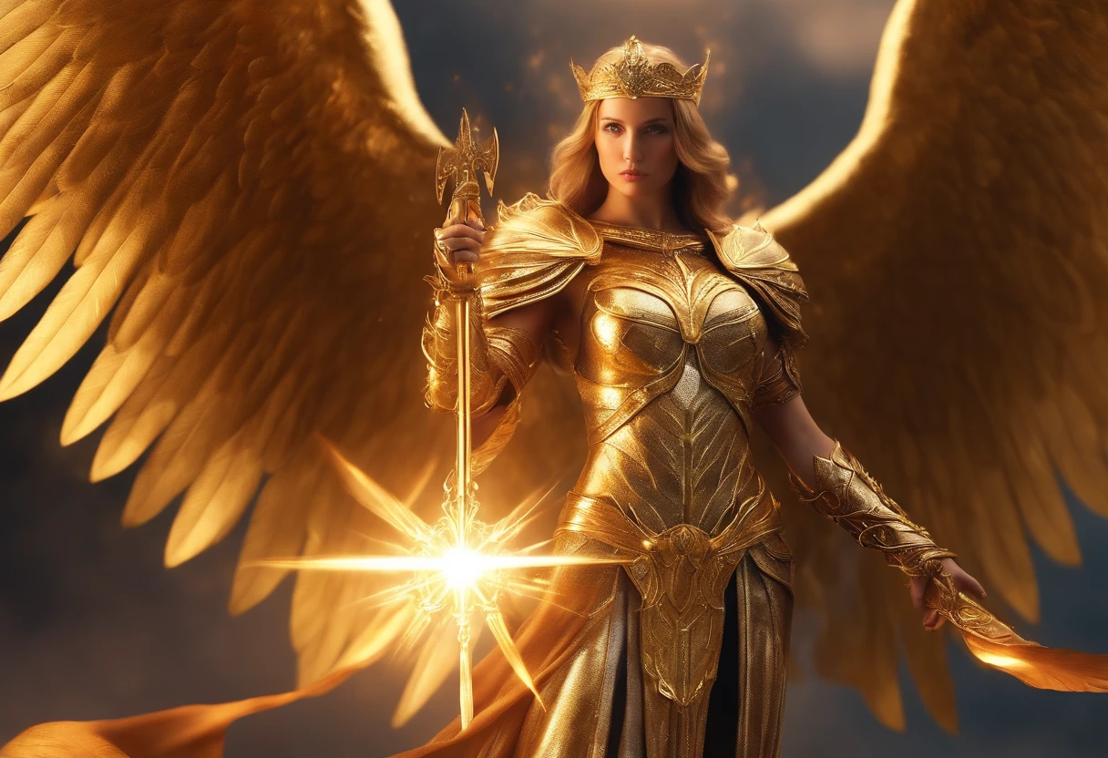 ((The Justice angel)),(gorgeous natuarlly),(HAND-take flame blade reflect in dizzle light),burnning up in fire,equiped with golden armer,((eyes shinning gold beam)),background in holy beaming from the heaven